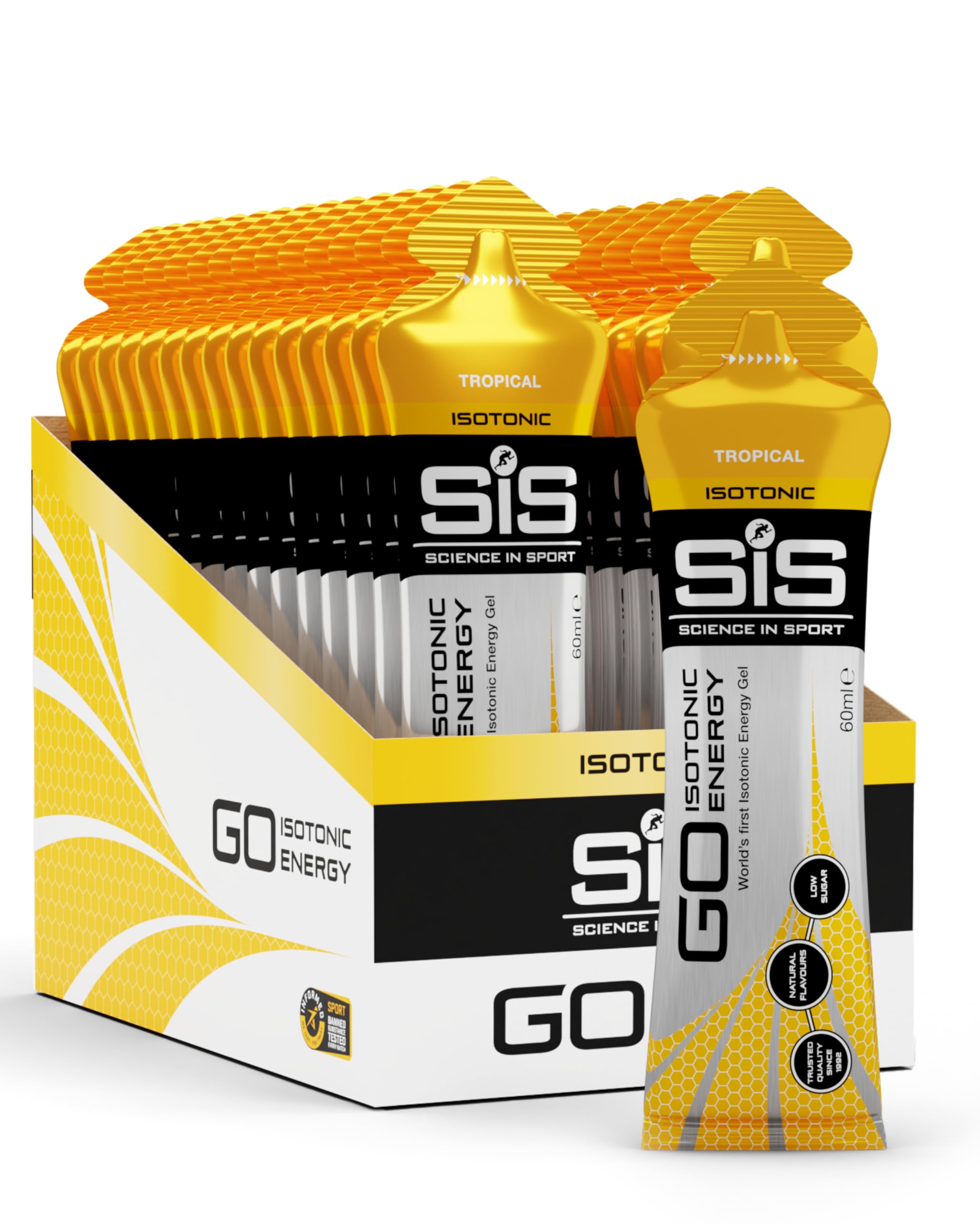 Science in Sport GO Energy Gel isotonico 30x60ml Frutti tropicali, Vegan - Formula isotonica con 22g di carboidrati, Buon apporto di energie, Ottima alternativa ai drink isotonici