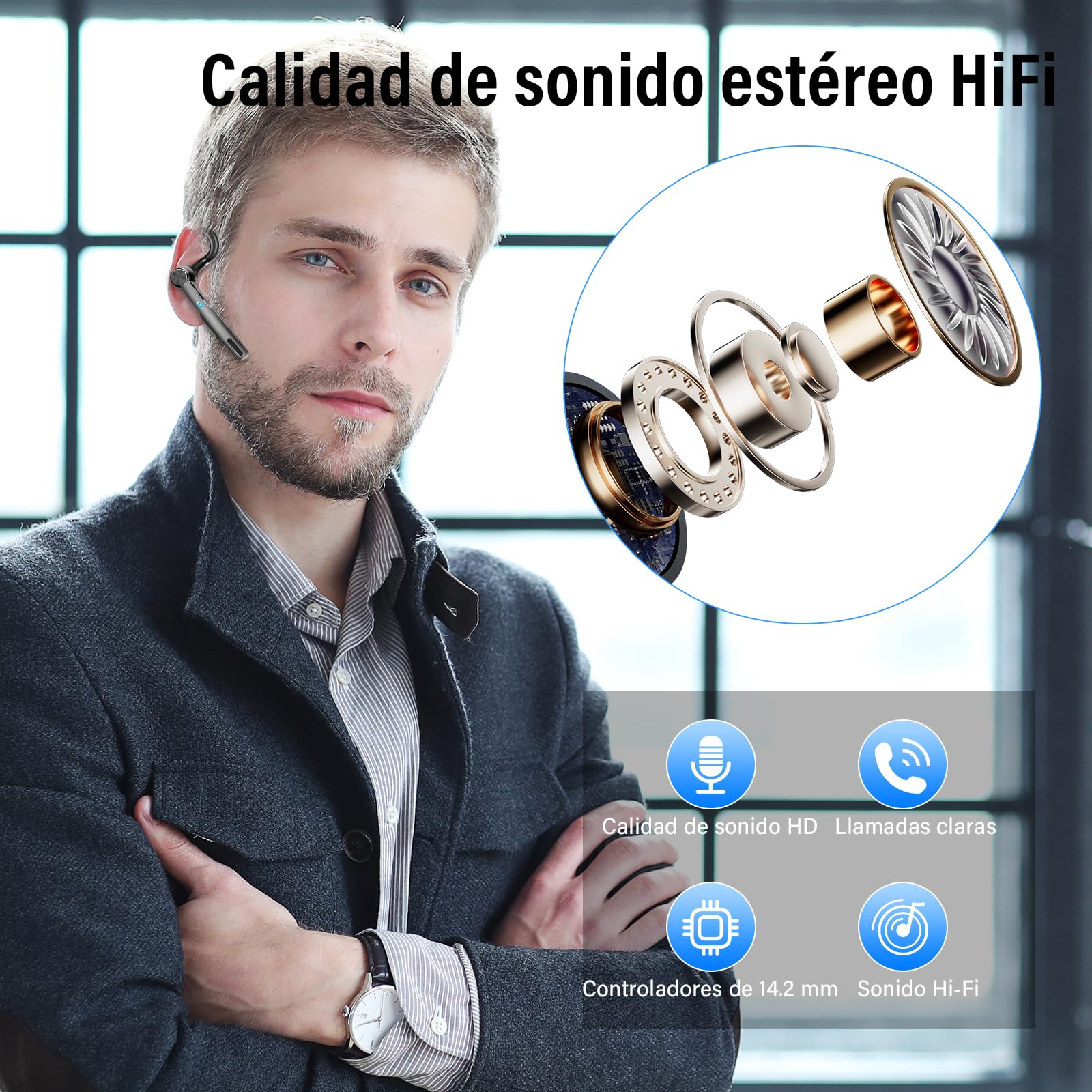 Manos Libres Auricular Bluetooth V5.3 con ENC Micrófono, 60H Hablar Pinganillo Bluetooth Movil, 2025 Auricular Inalámbrico Bluetooth con Ganchos para Negocios/Oficina, Carcasa de Carga LED, Negro