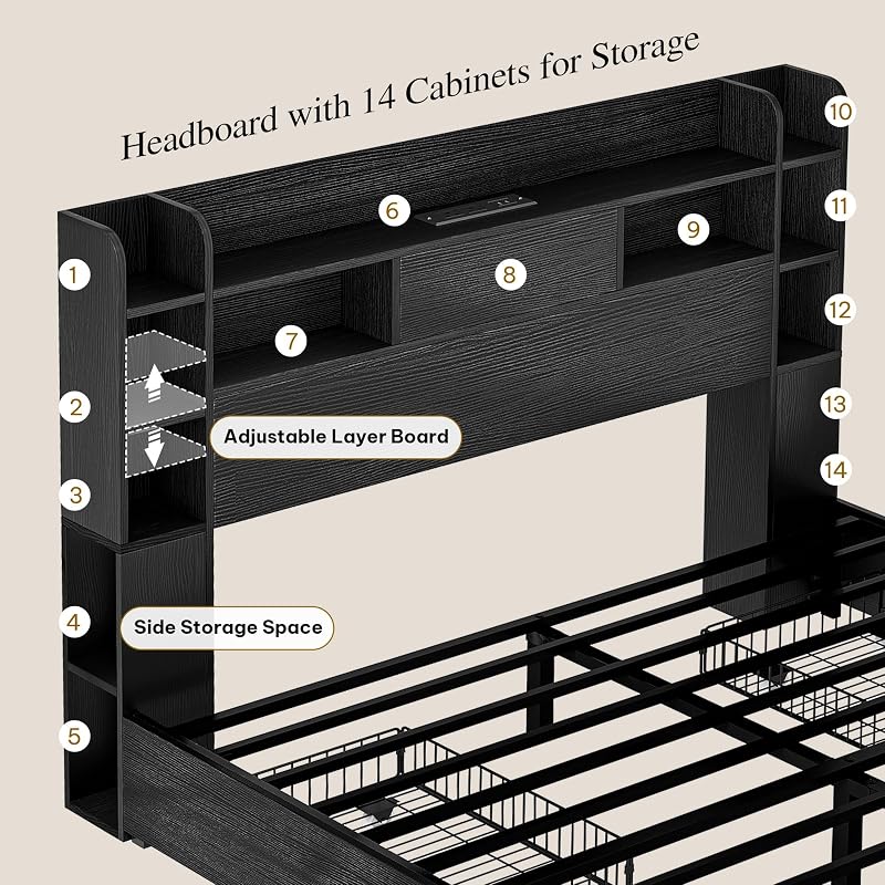 YITAHOME Queen Size Bed Frame with Bookcase Headboard and 4 Storage Drawers image 5