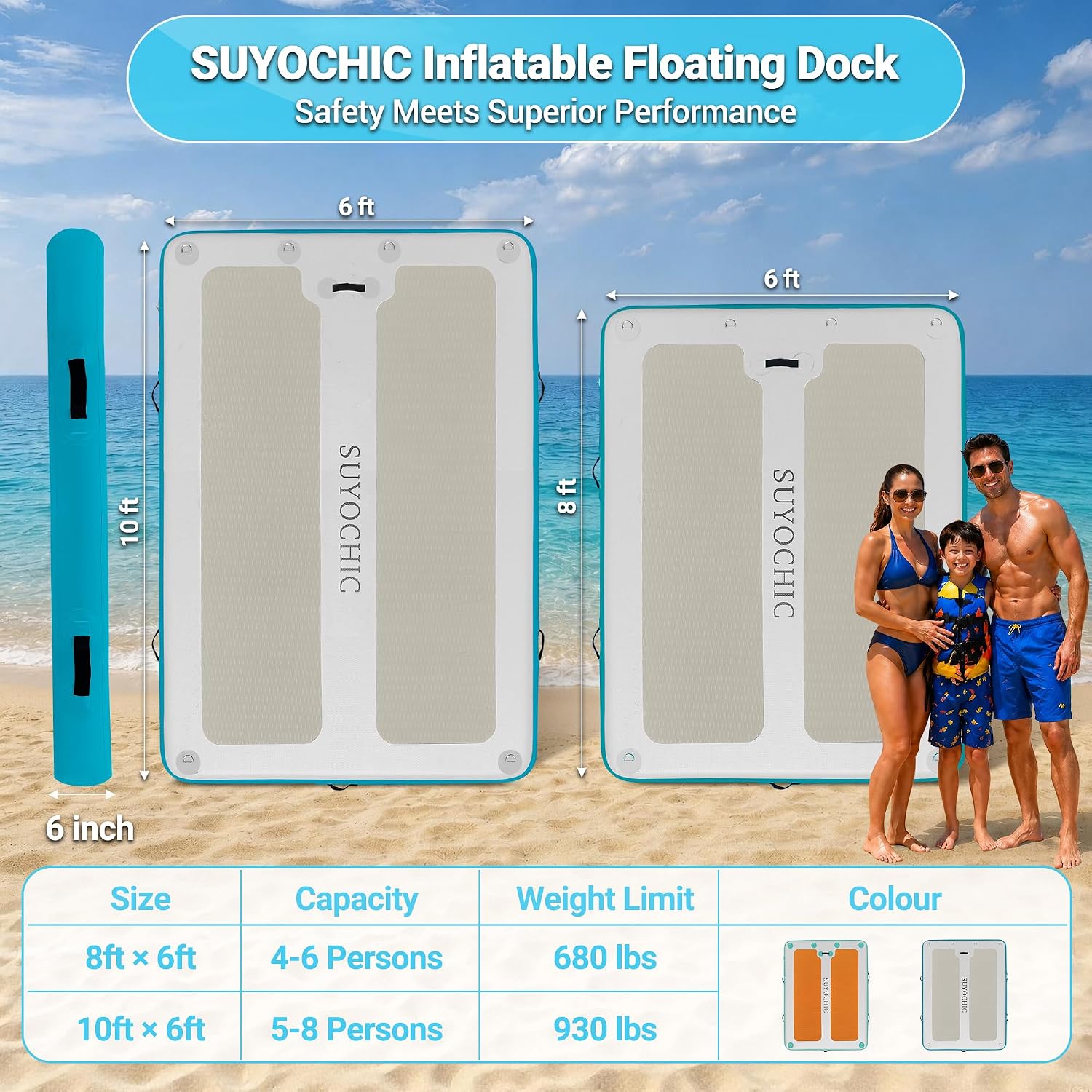 Inflatable Dock with Non-Slip EVA Surface, 8FT x 6FT/10FT x 6FT Inflatable Floating Dock Floating Platform, Floating Raft Island Water Mat Lake Floats for Pool Beach Ocean