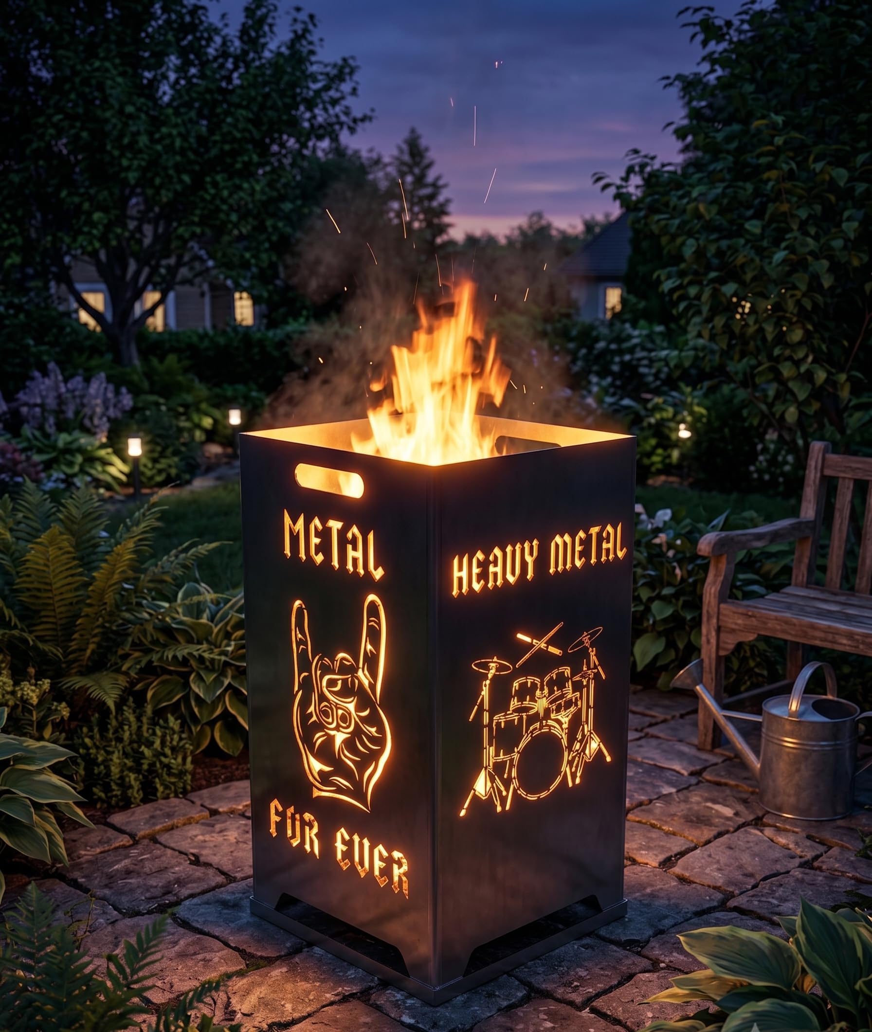 Heavy Metal Feuerkorb „Metal for Ever“ – Massive Feuertonne mit Schlagzeug & Pommesgabel Motiv, Hochwertige Metall-Feuerschale für Garten & Terrasse, komplett verschweißt