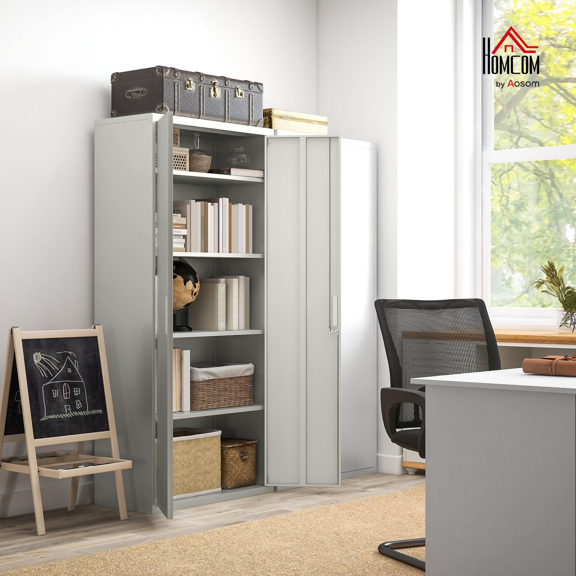 HOMCOM Armadio Ufficio a 5 Livelli con 4 Ripiani Regolabili, Armadio in Metallo Portadocumenti con 2 Ante, Serratura e 2 Chiavi, 80x40x180 cm, Bianco