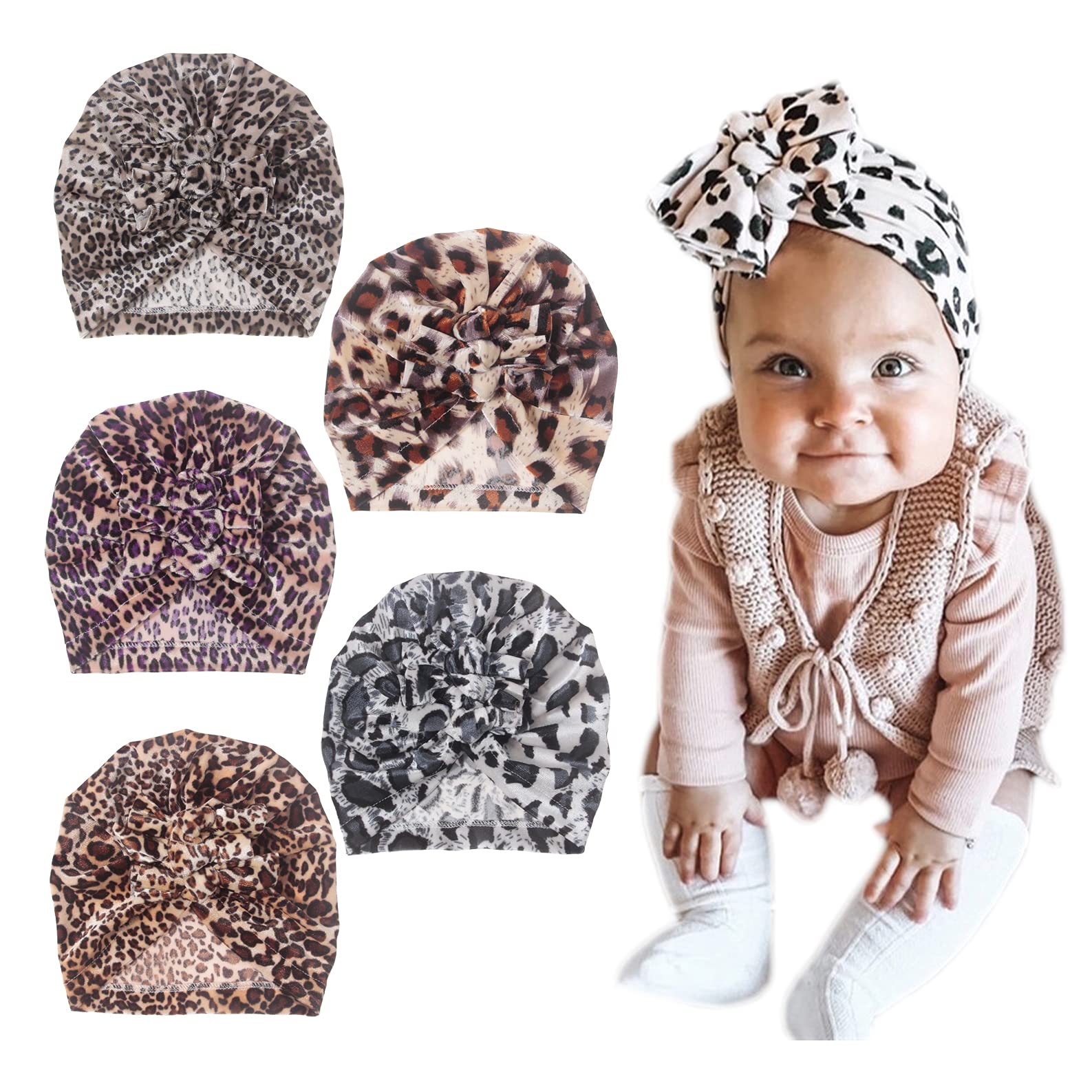 NishineNewborn Bow Knotted Turban Hats for Baby Girls Cute Soft Leopard Hospital Hat Infant Nursery Indian Beanie Headwrap, Multi Colors, 6-24 Months