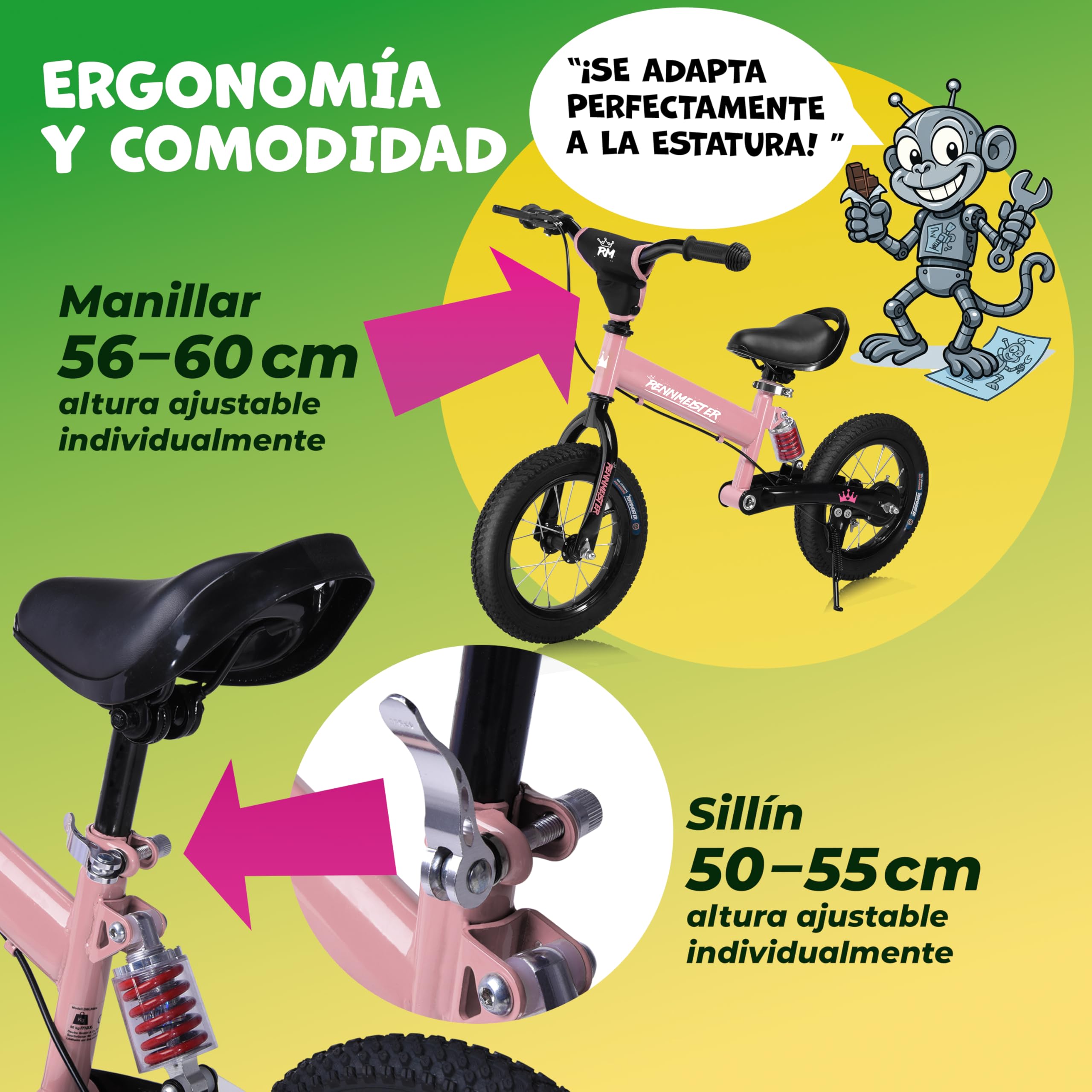 Bicicleta sin Pedales, Infantil Bici Equilibrio, 3 4 5 Años, Juguetes Niños, Regalos Niña Niño, Sillín Ajustable, Carga 50Kg, Freno Neumáticos