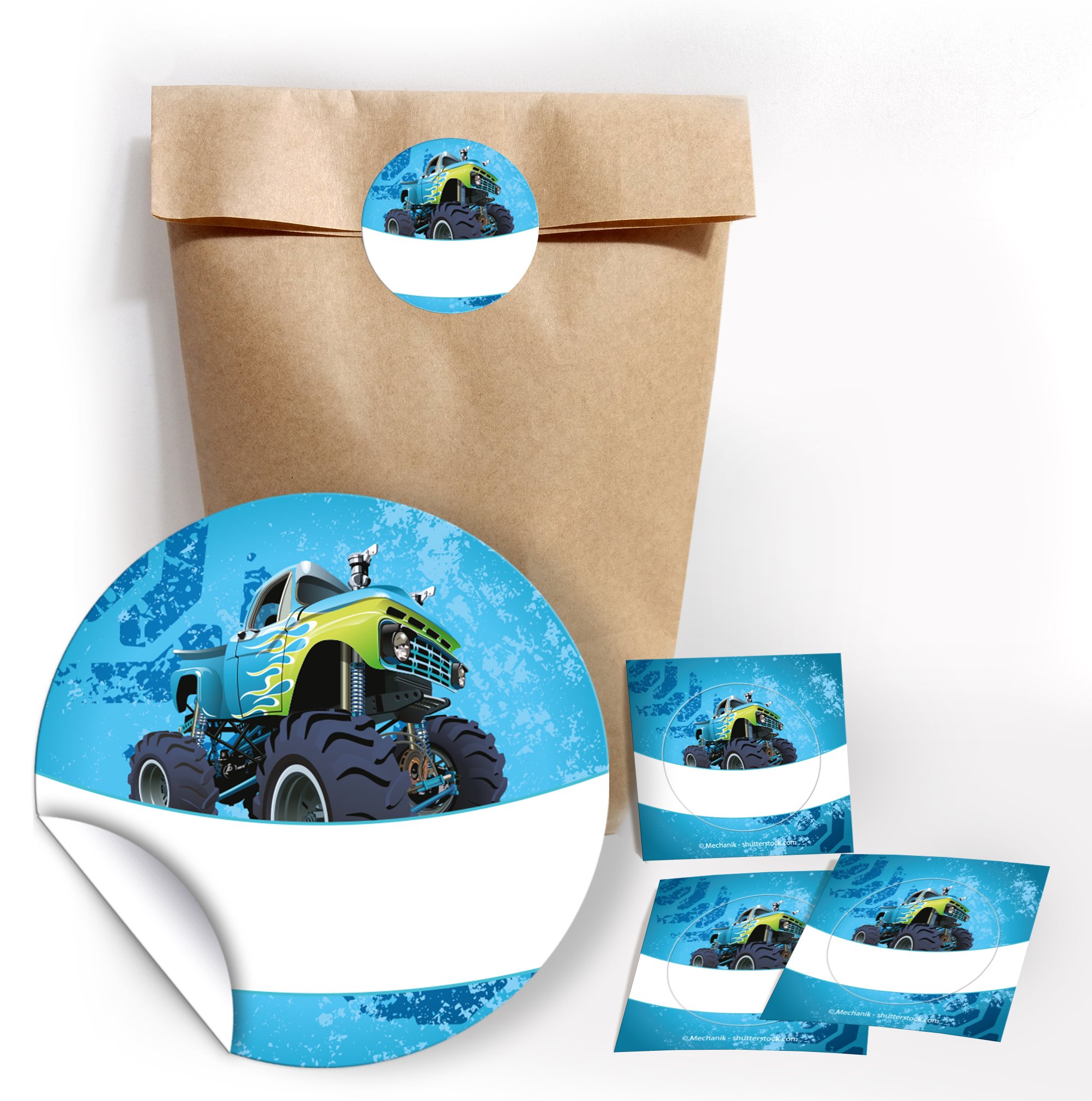 12 Gift Bags / Natural + 12 Stickers Monster Truck / Blue for Gifts Party Bags for Children's Birthday Parties / Paper Bag for Guest Gift with Stickers