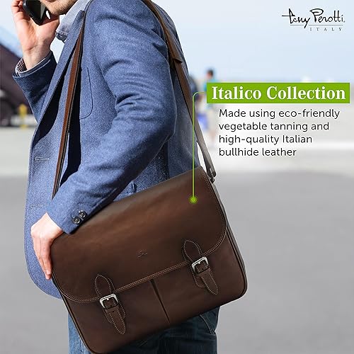 Miniatura 3 de Tony Perotti Lorenzo 14.5" Italian Leather Laptop Bag for Men - Leather Computer Briefcase Saddleback Messenger Bag