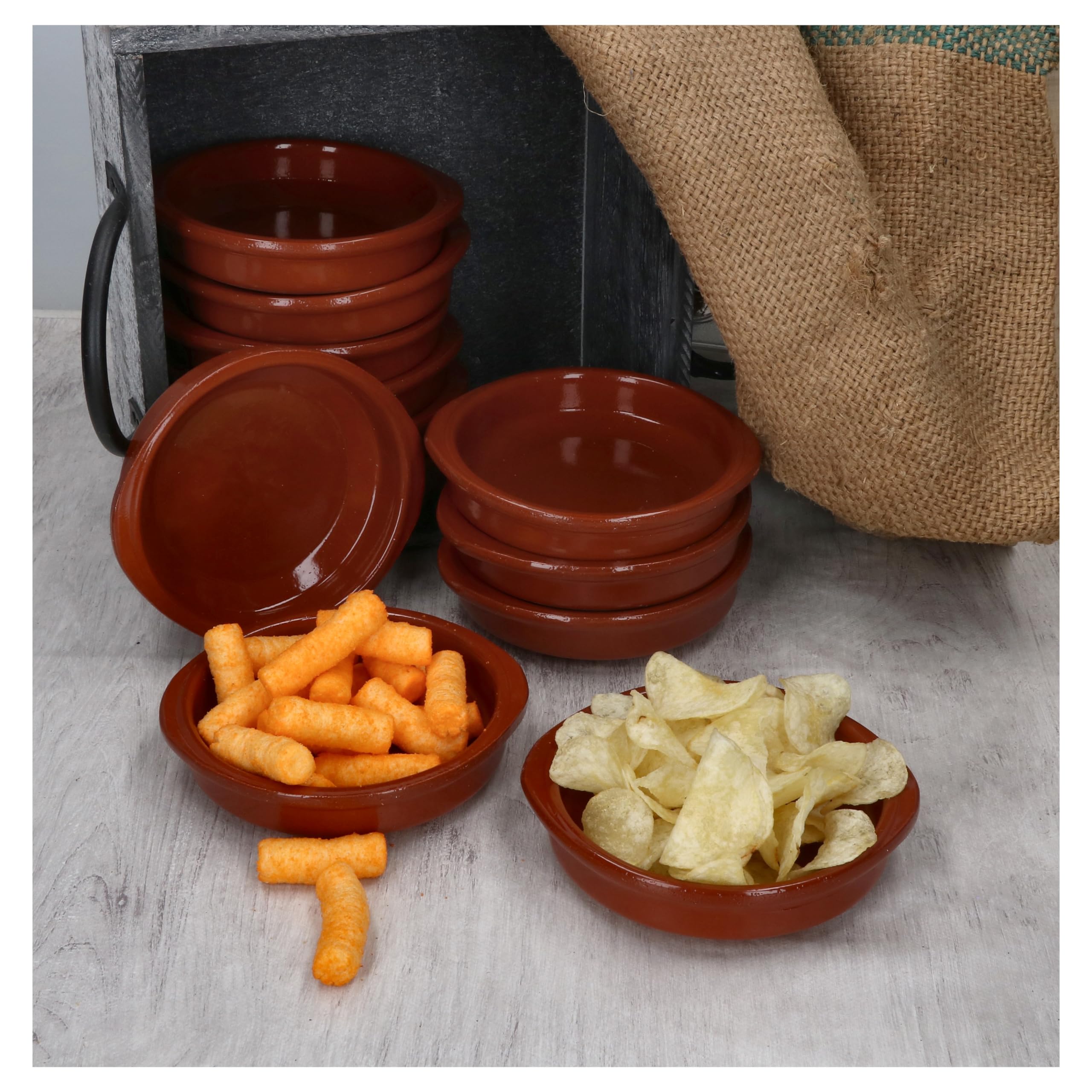 MamboCat Cazuela Clay Bowl Set con manici Ø 12 cm Dimensione S 12 Vintage Cream Glazed Tapas Bowls Mediterraneo Alta qualità fatta a mano piatti di argilla medievale