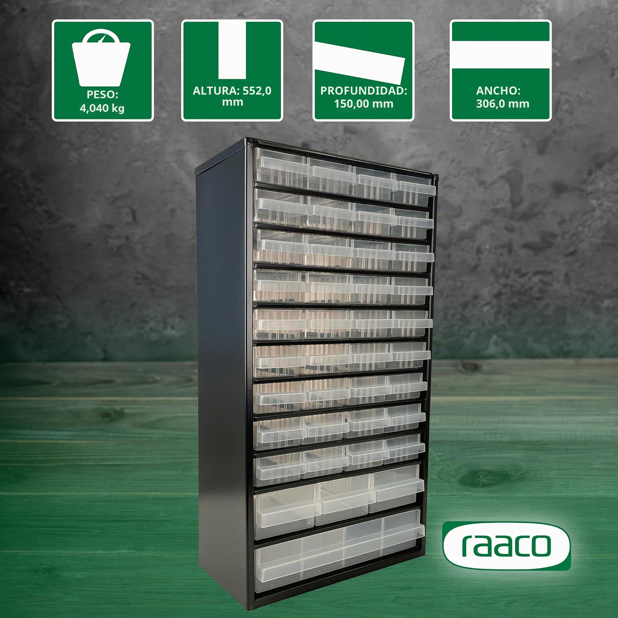 Raaco C12-40, Organizador de Tornillos con 40 Cajones, Capacidad 36 kg, 15 x 30,6 x 55,2 cm, Acero Recubierto, Apto para Montaje en Pared, Clasificador de Tornillos y Pequeñas Piezas para Taller