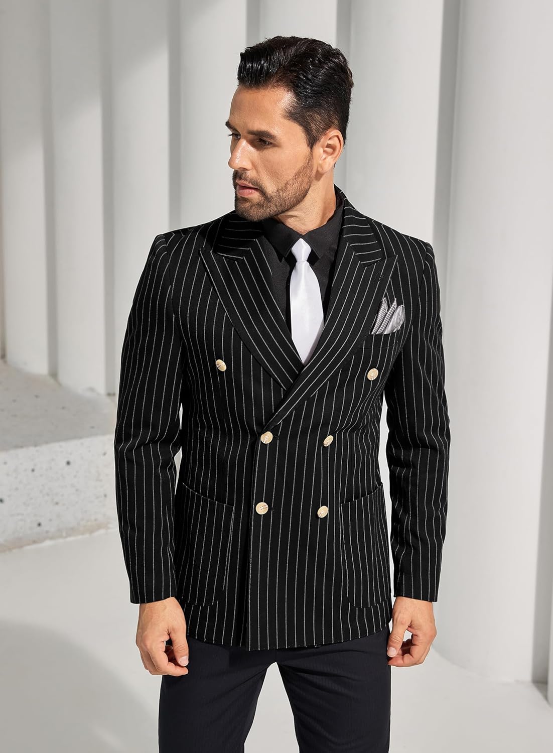 Suits for Men Pinstripe 2 Pcs Slim Fit Formal Tuxedo Set Business Casual Wedding Party Suit Stripes Blazer Black Pants - Image 6
