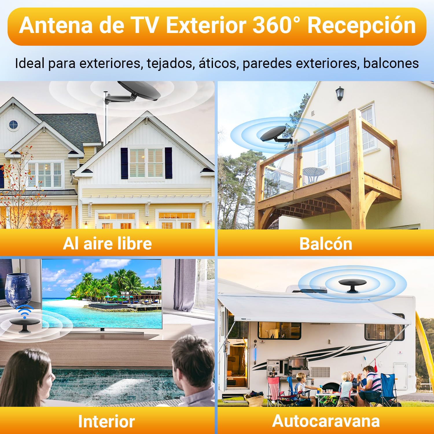 Antena TV Exterior Negra Potente TDT Digital, Antenne TV extérieure, Antenne extérieure, Compatible Antena Interior, recepción 360° omnidireccional, Canales Locales 4K 1080P, Cable coaxial 32,8ft