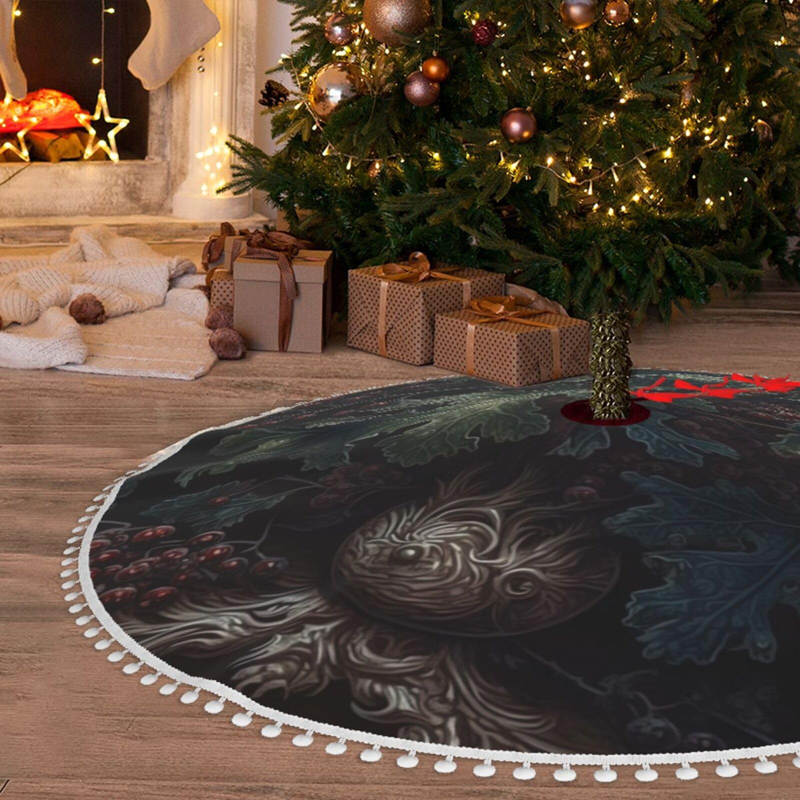 Jupe de sapin de Noël rustique avec finitions élégantes à pompons