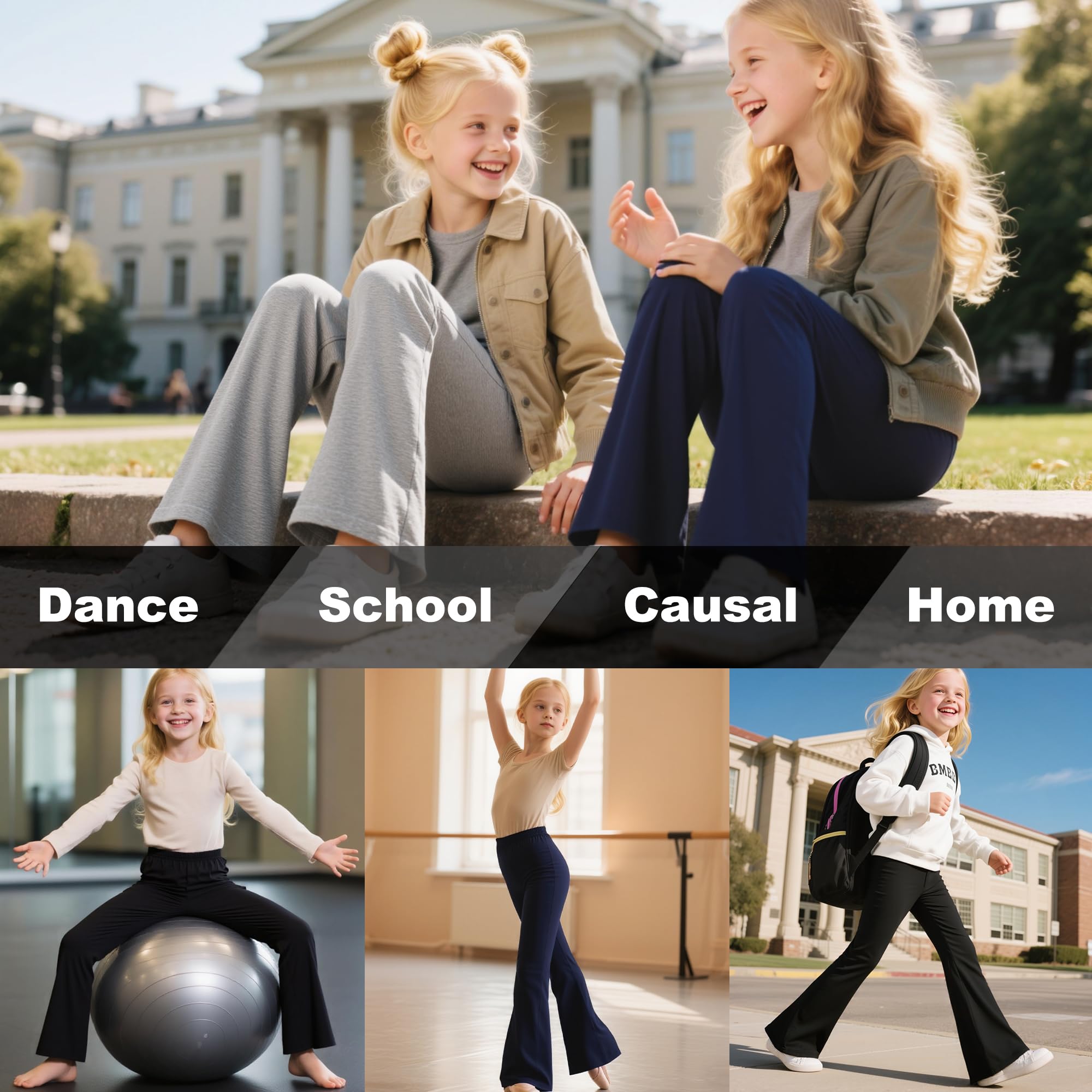 Leggings Flare pour Fille, Lot de 2, Coton Respirant Elastique Bootcut Legging,Couleur Unies Décontracté Doux Danse Sport Pantalon évasé Enfant Vêtements âge 5-16 Ans