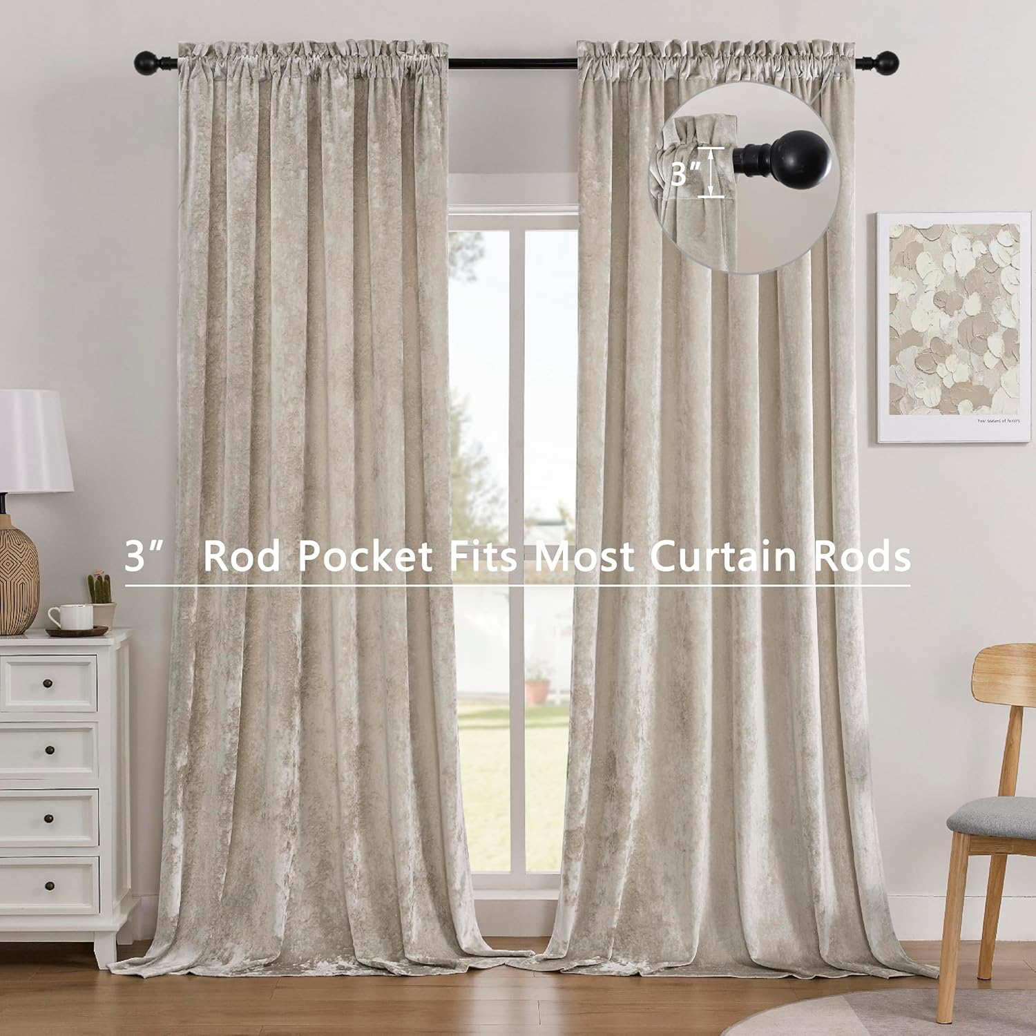 SNITIE Ivory White Crushed Velvet Curtains with Rod Pocket Luxurious Thermal Insulation Soundproofing and Light Filtering Window Treatments for Living Room Bedroom Office, 2 Panels Set 52" W x 96" L