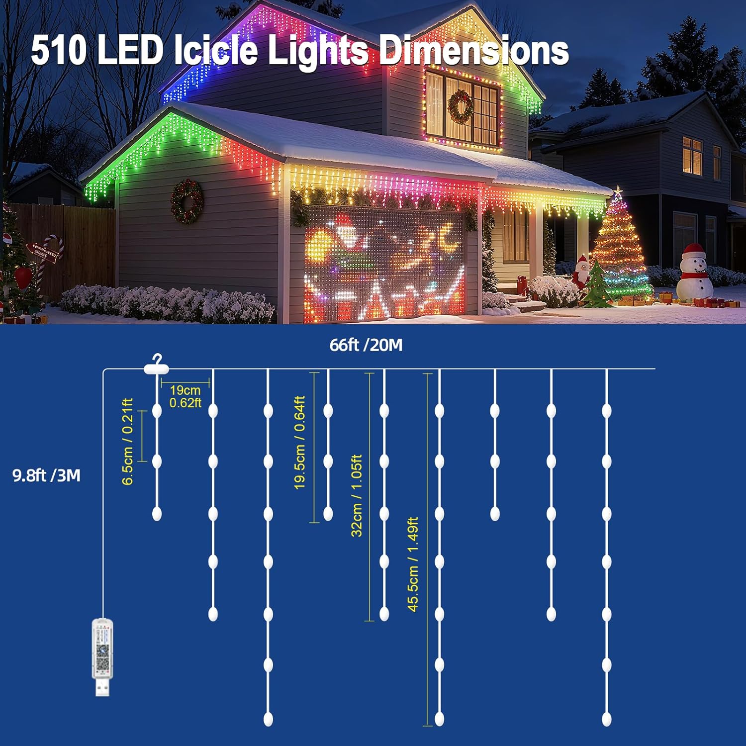 Icicle Lights for Outside,66ft Christmas Lights Outdoor with Dimmable 510LED,IP65 Waterproof,USB Plug in Curtain String Lights with DIY Scene Modes for Party,Roof,Halloween Decor(Multicolor)