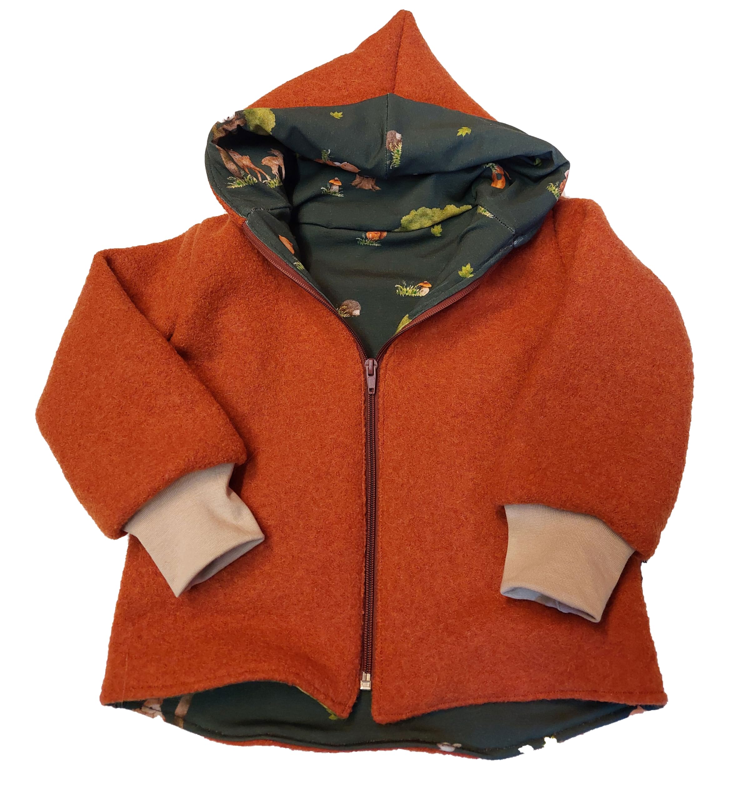 Wollwalkjacke Jacke Zipfeljacke Waldtiere Reh Wendejacke Kapuze Baby Kinder Wollwalkjacke