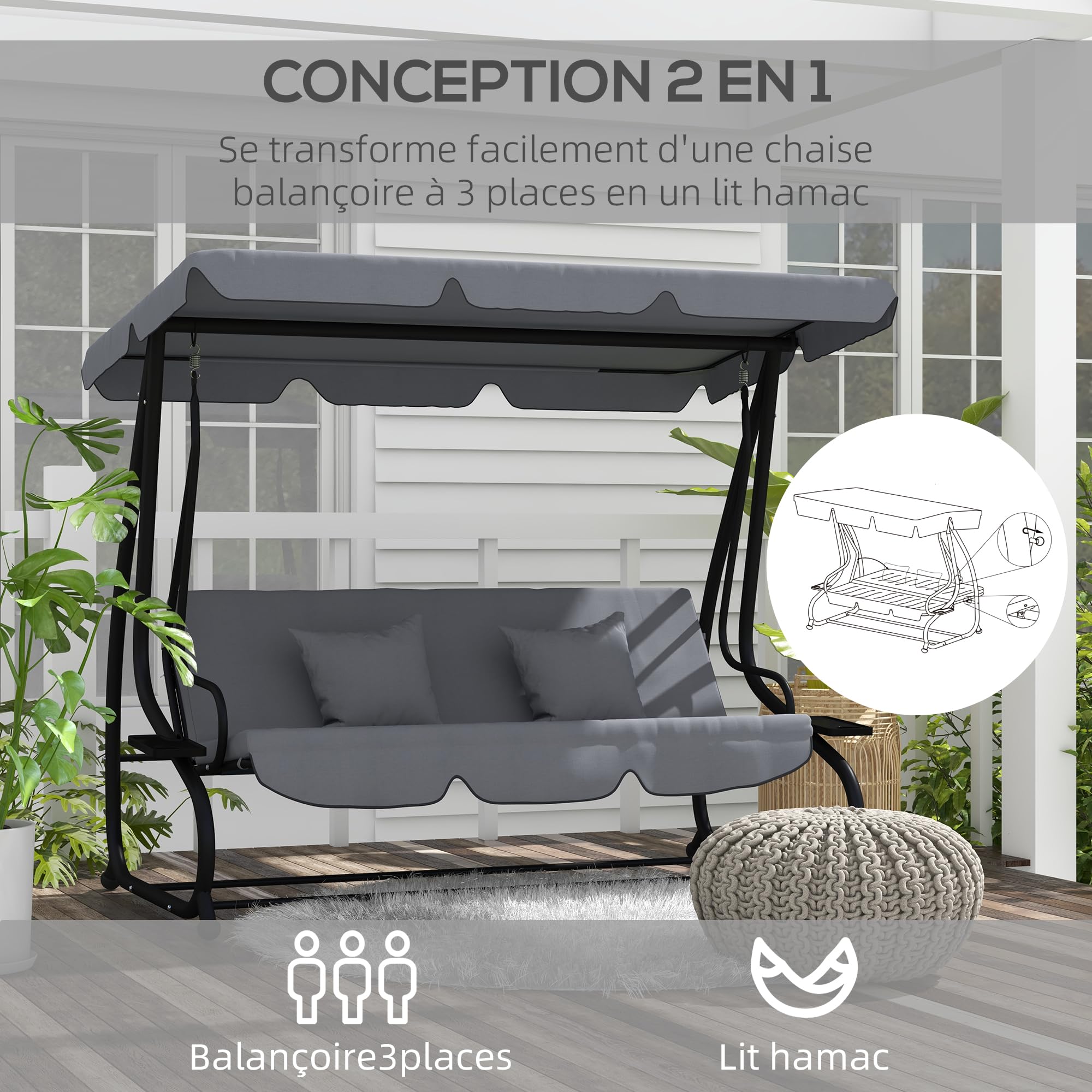 Outsunny Balancelle de Jardin 3 Places Convertible Toit Inclinaison réglable Métal Époxy Noir Polyester Gris foncé