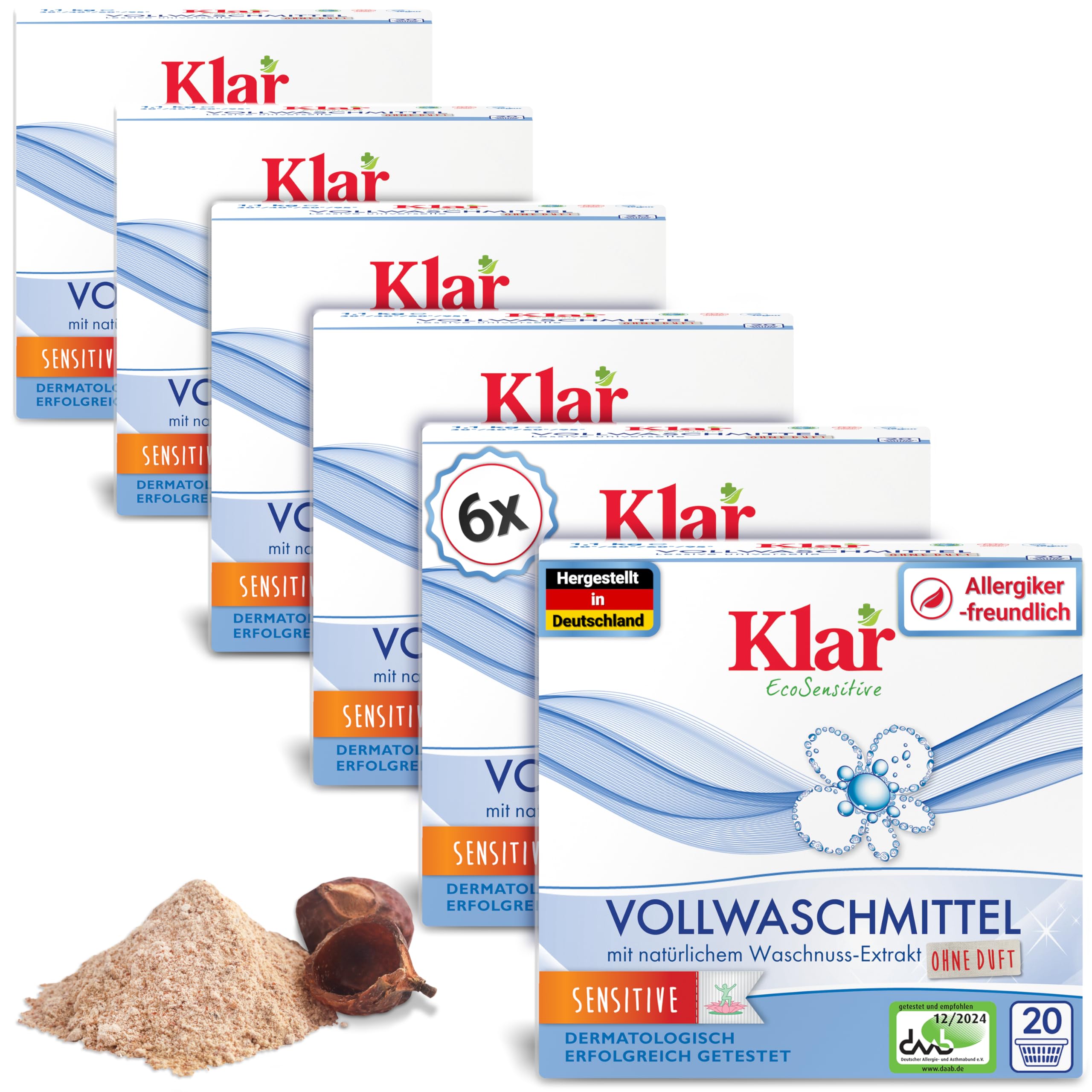 Klar Vollwaschmittel Pulver Sensitive 6x1,1kg - 120 Ladungen - Allergiker Waschpulver ohne Duft - Bio Waschmittel Pulver mit natürlichem Waschnuss Extrakt - VEGAN & Enzymfrei