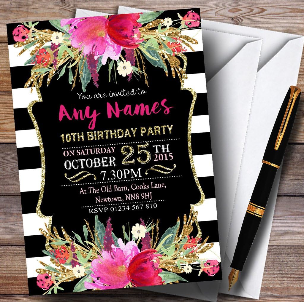 Pink Black & White Striped Floral 10th Personalized Birthday Party Invitations