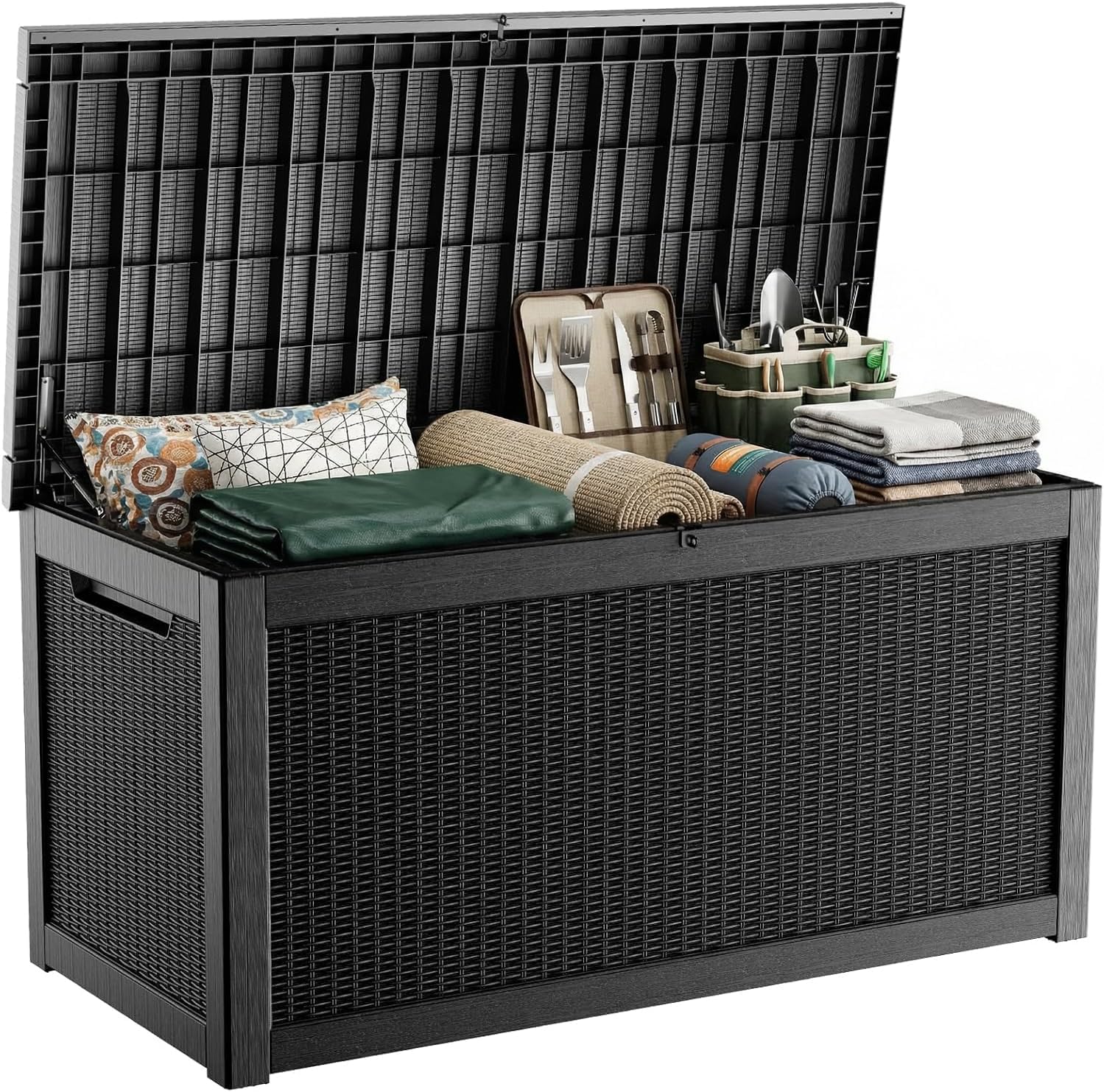 120 Gallon Outdoor Waterproof Resin Storage Deck Box Lockable Outside Bench UV Resistant Bin Patio Porch Furniture Pool Float Garden Tool Cushion Black