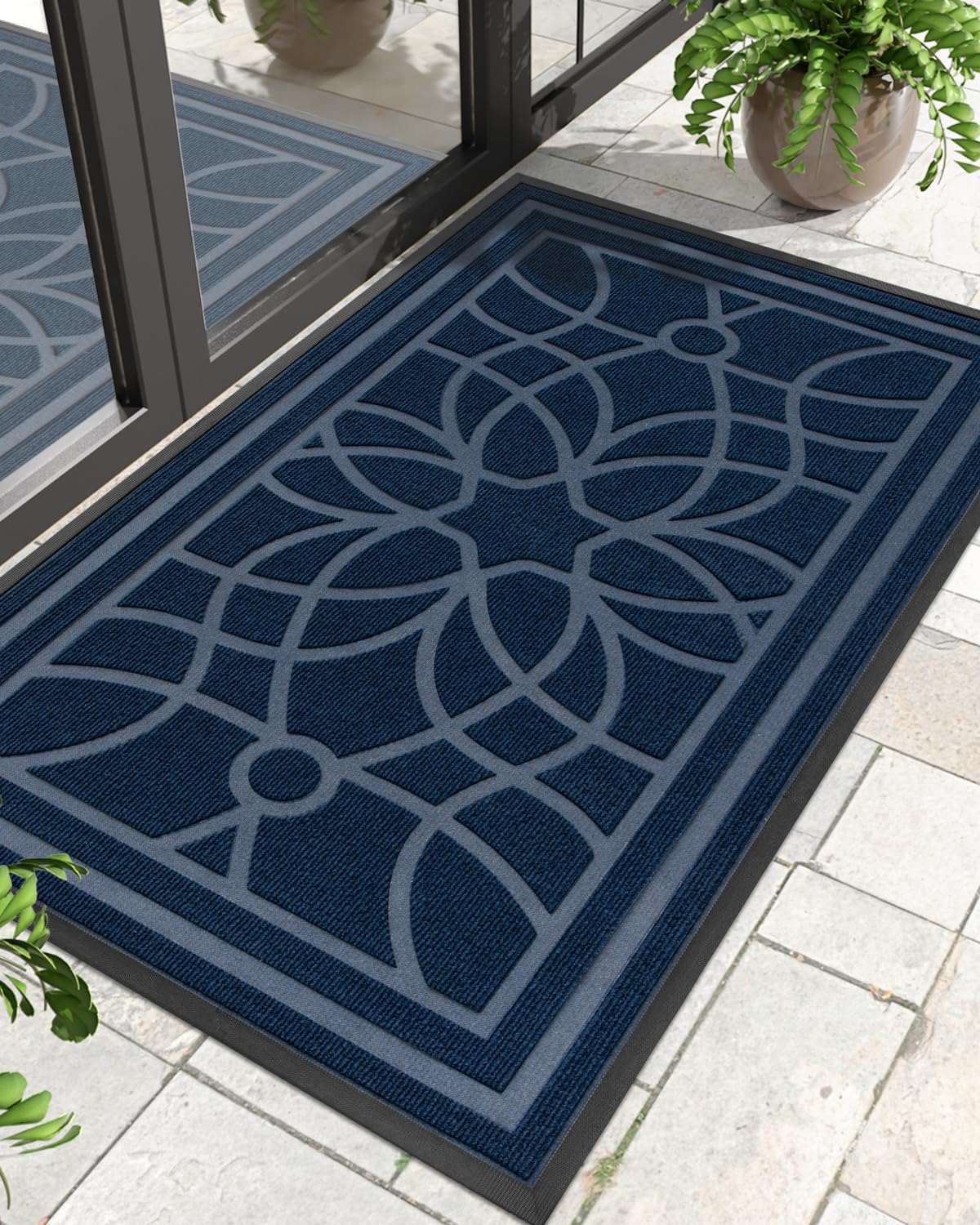DEXI Front Door Mat, Welcome Mat Heavy Duty Non Slip Low Profile Outside Doormat for Entryway, Patio, Garage, High Traffic Areas, 3'x5', Blue