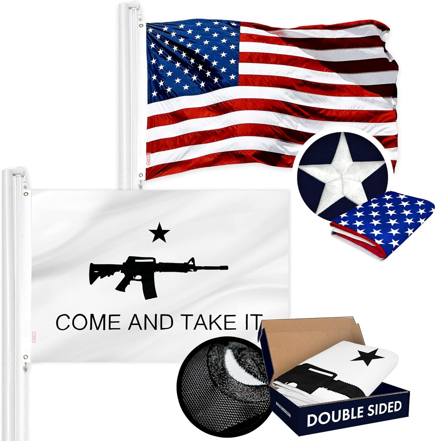 G128 Combo Pack: USA American Flag 3x5 Ft Embroidered Stars & Come and Take It (Rifle Design) Flag 3x5 Ft Embroidered Double Sided 3ply