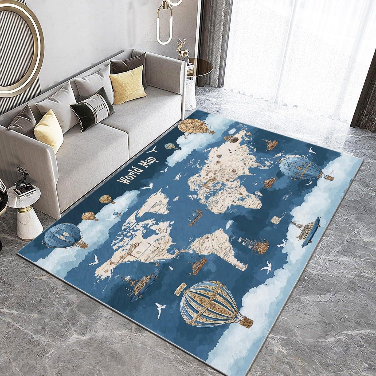 Tappeto per bambini con mappa del mondo blu, mongolfiera, tappeto per soggiorno, camera da letto, lavabile, antiscivolo, per camera dei bambini, cameretta dei bambini, tappeto da gioco, 120 x