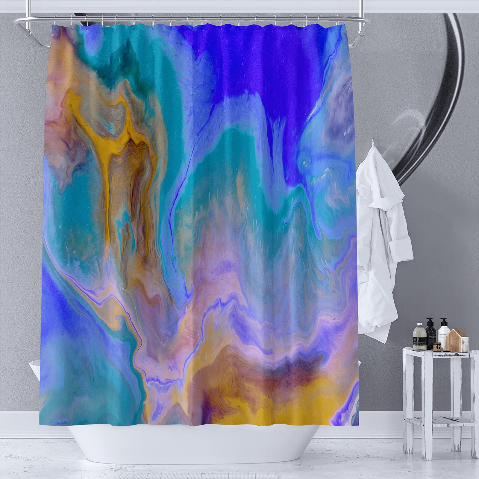 YAEHOCO Abstract Rich and Colorful Fabric Shower Curtain | Main Colors: Dark Blue, Caramel Color, Dark Cyan，Purple | Waterproof Shower Curtains with