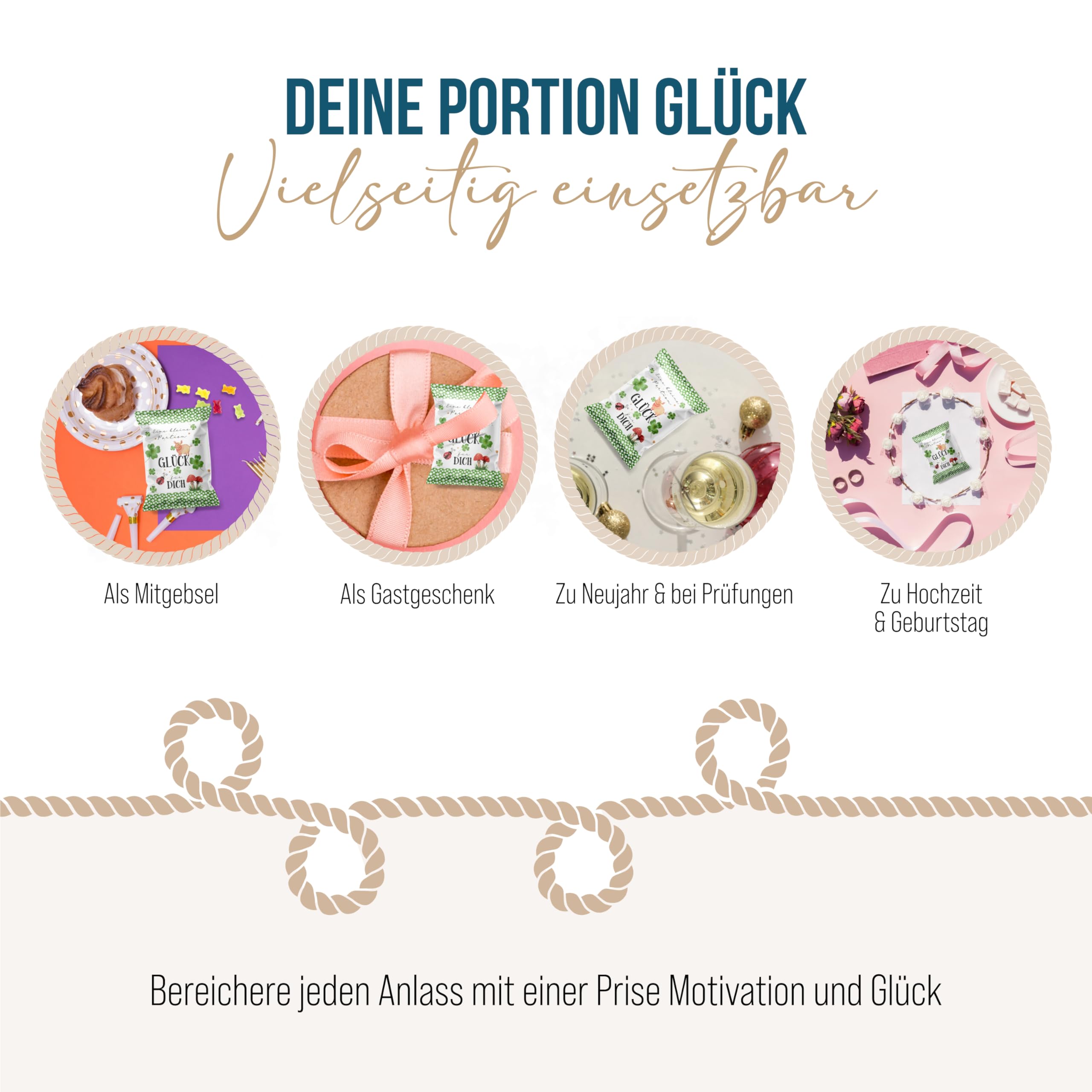 Viel Glück Geschenke Fruchtgummi Tütchen, 100 Stück: Kleine Gastgeschenke Glücksbringer für Prüfung, Silvester, Neujahr, Hochzeit, Kleeblatt 7 x 9 cm