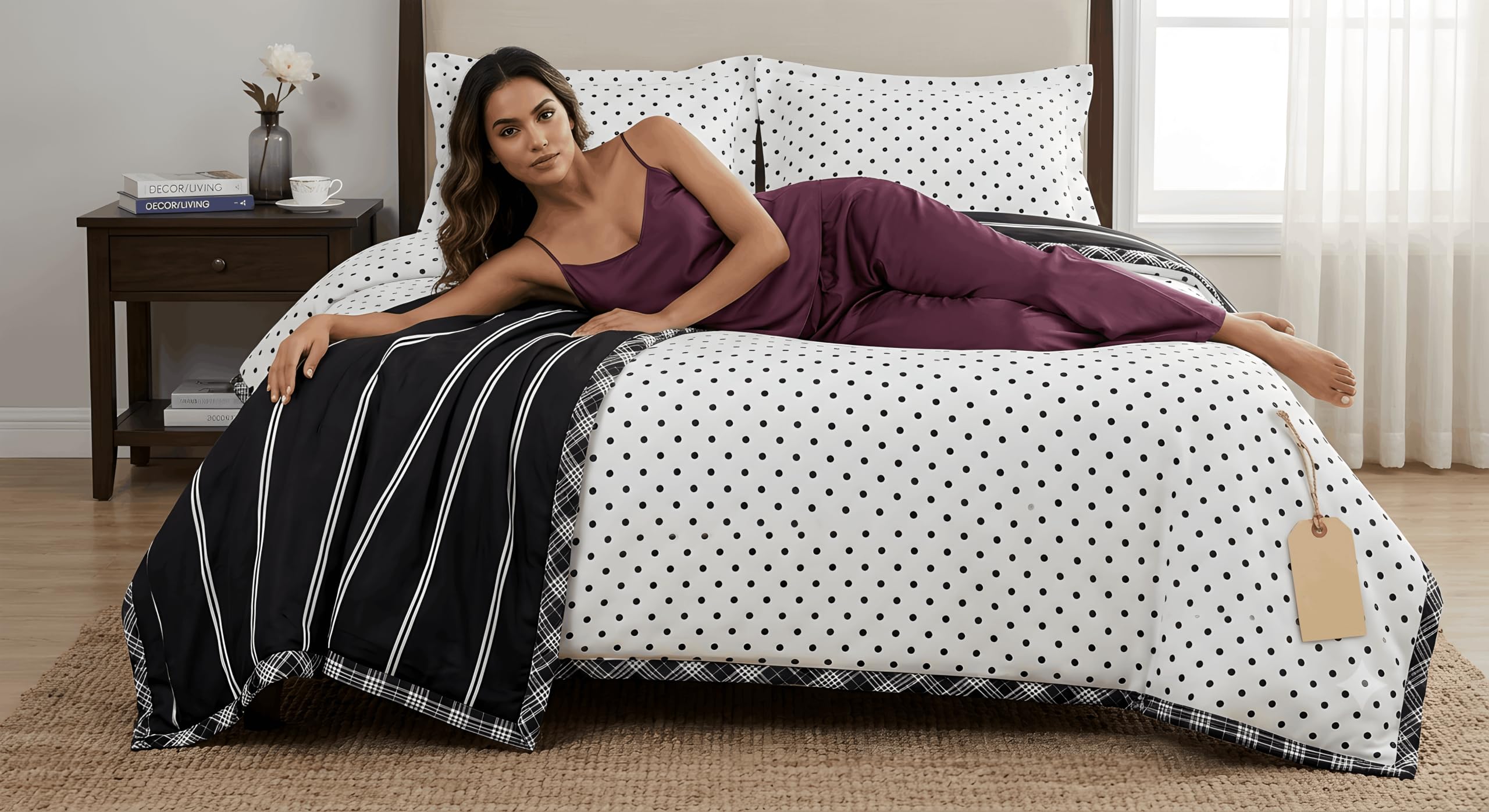 Polka Dot Bedding AC Dohar Blanket, Black & White | Reversible Design, Plaid Border Detail, Includes Pillowcases, Bedroom Decor, Classic Pattern-image-10