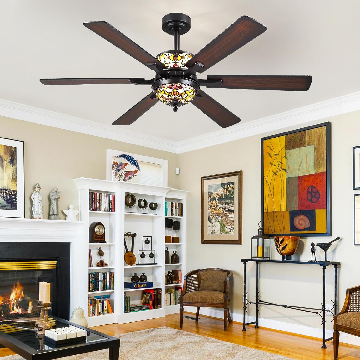 Ceiling Fans with Lights - 52" Black Ceiling Fan Chandelier with 6 Dual-Blades and Glass Shade, 6 Speeds and Reversible, Indoor and Outdoor Antique Fan Light Fixture, Retro Style Red Décor 8267