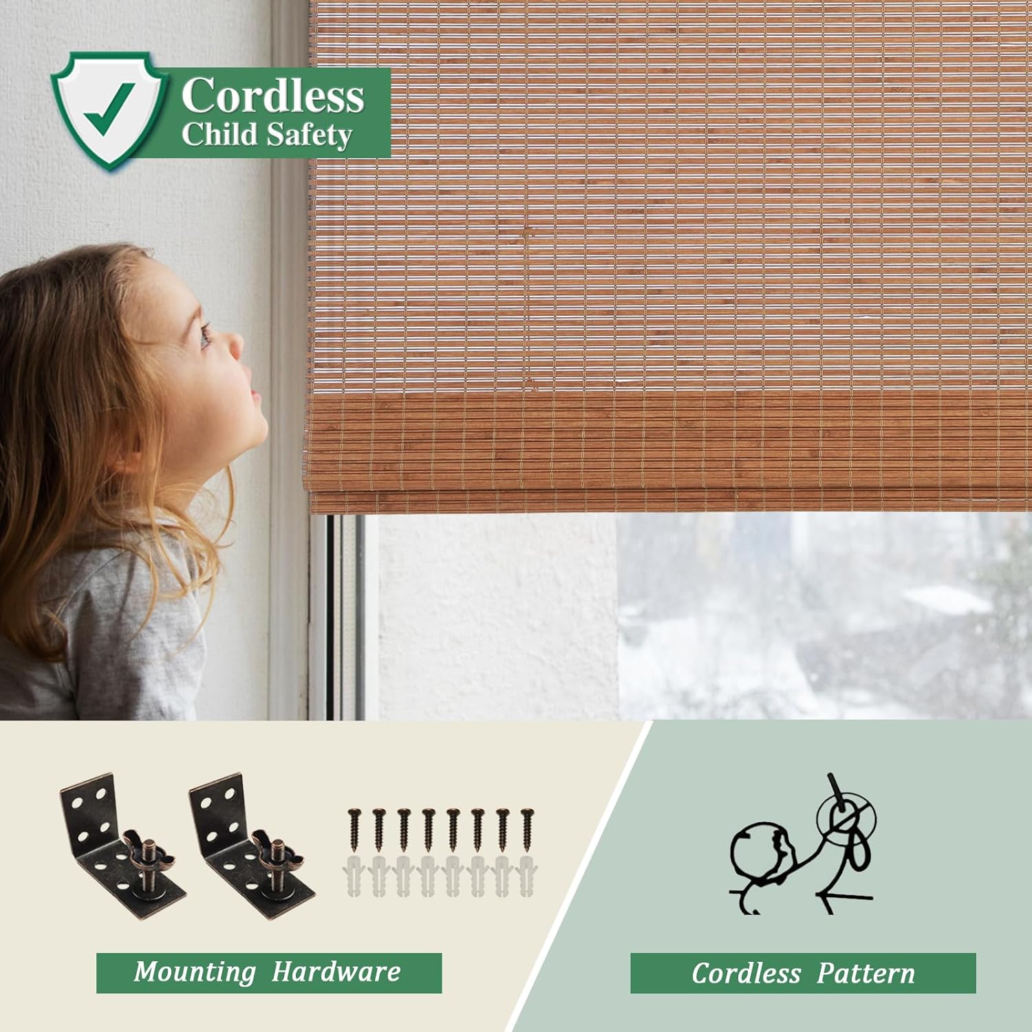 Yin Yang Cordless Blackout Bamboo Roman Shades, Natural Woven Wood Bamboo Shades, Beautiful Privacy Lined Bamboo Roman Blinds for Windows, Doors, Tan