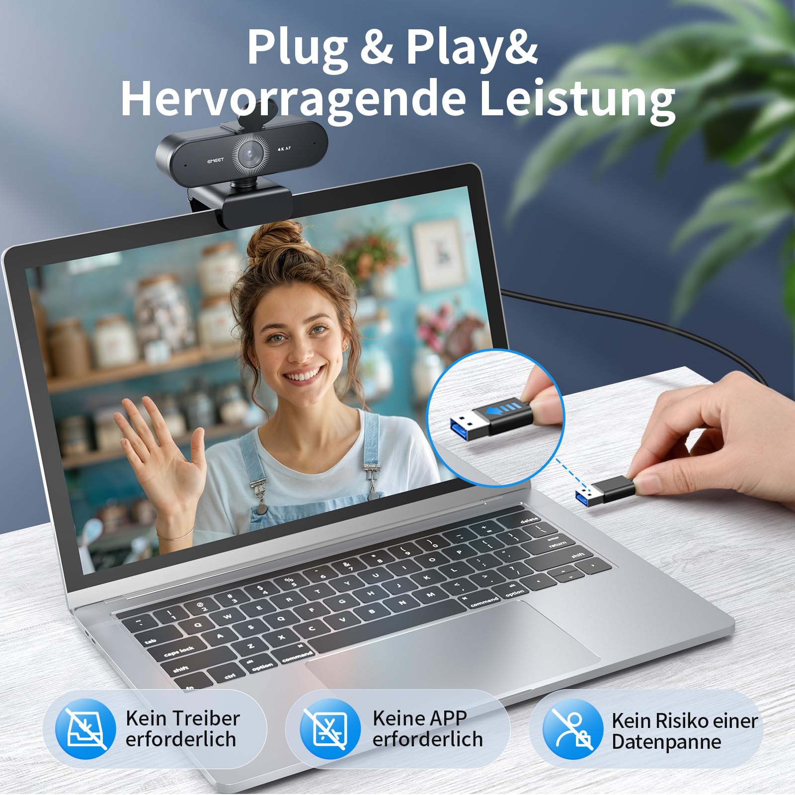 EMEET Webcam NOVA 4K, 4K Webcam mit 2 Mikrofon mit Rauschunterdrückung, Ultra HD Webcam mit 73° Weitwinkel und Objektivabdeckung, PDAF Autofokus, Web Cam für Mac, Laptop, Zoom, Teams
