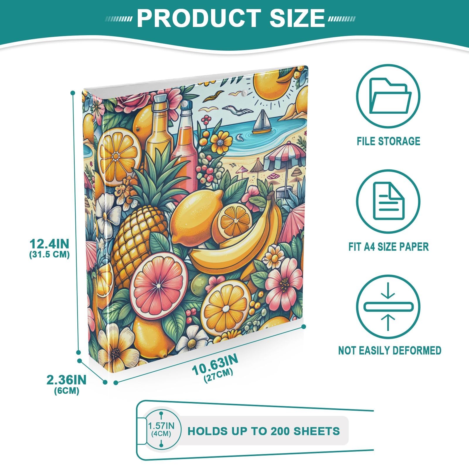 Feast Fruit - Raccoglitore a 3 anelli, 3,8 cm, contiene 200 fogli con 3 tasche interne in PVC trasparente, per scuola e ufficio