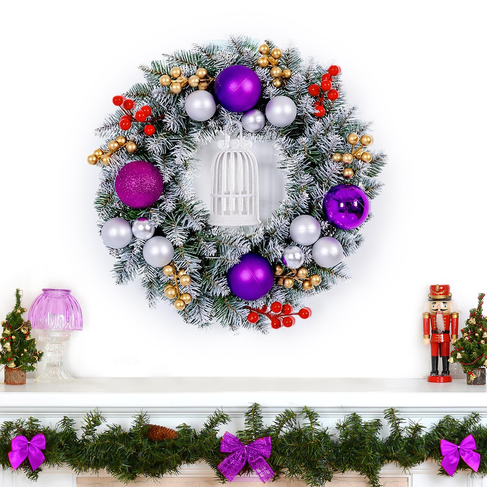 Minicoco 30CM Christmas Wreaths with Bow- Artificial Xmas Garland for Front Door, Purple