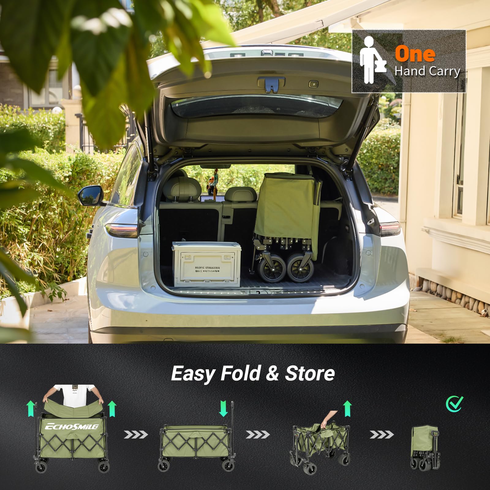 EchoSmile XXXXL Bollerwagen Faltbarer mit 300L 227 KG Belastbar - Strandwagen mit Großen All-Terrain Rädern Tragbarer Einkaufswagen Transportwagen mit Bremsen - Campingwagen für den Außenbereich, Grün