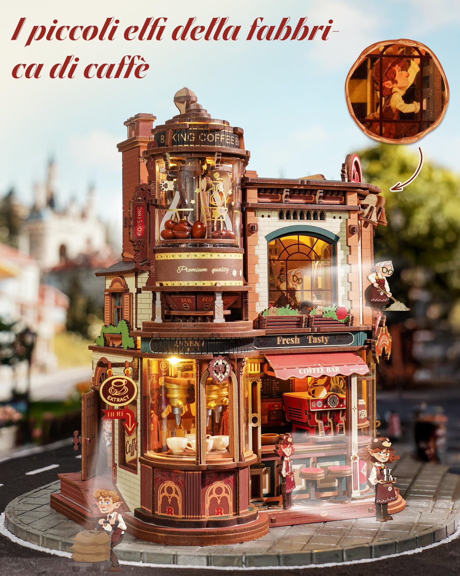 ROKR Dream Coffee Factory EAB02 Casa delle Bambole Miniatura DIY con Carillon per Adulti, Modello Meccanico con Parti Mobili, Luci LED e Musica Jazz, Regalo Creativa