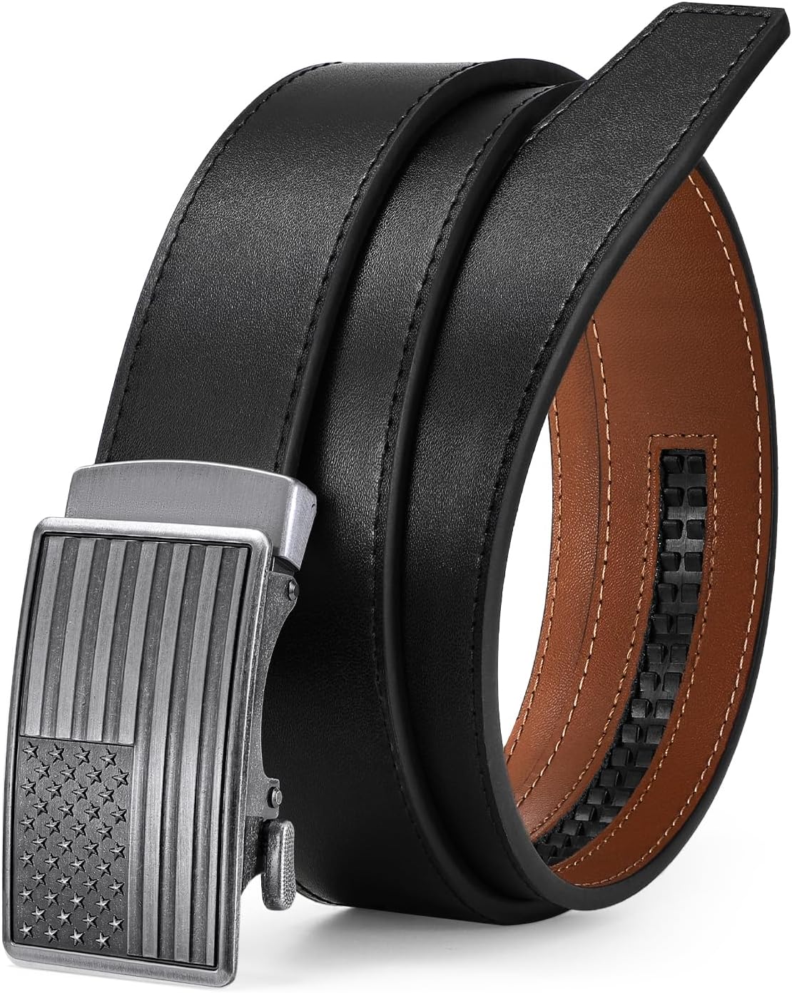 SANSTHS Mens Ratchet Belts Leather 1 3/8" for Men Dress and Casual, Adjustable Click Belts with American Flag Buckles