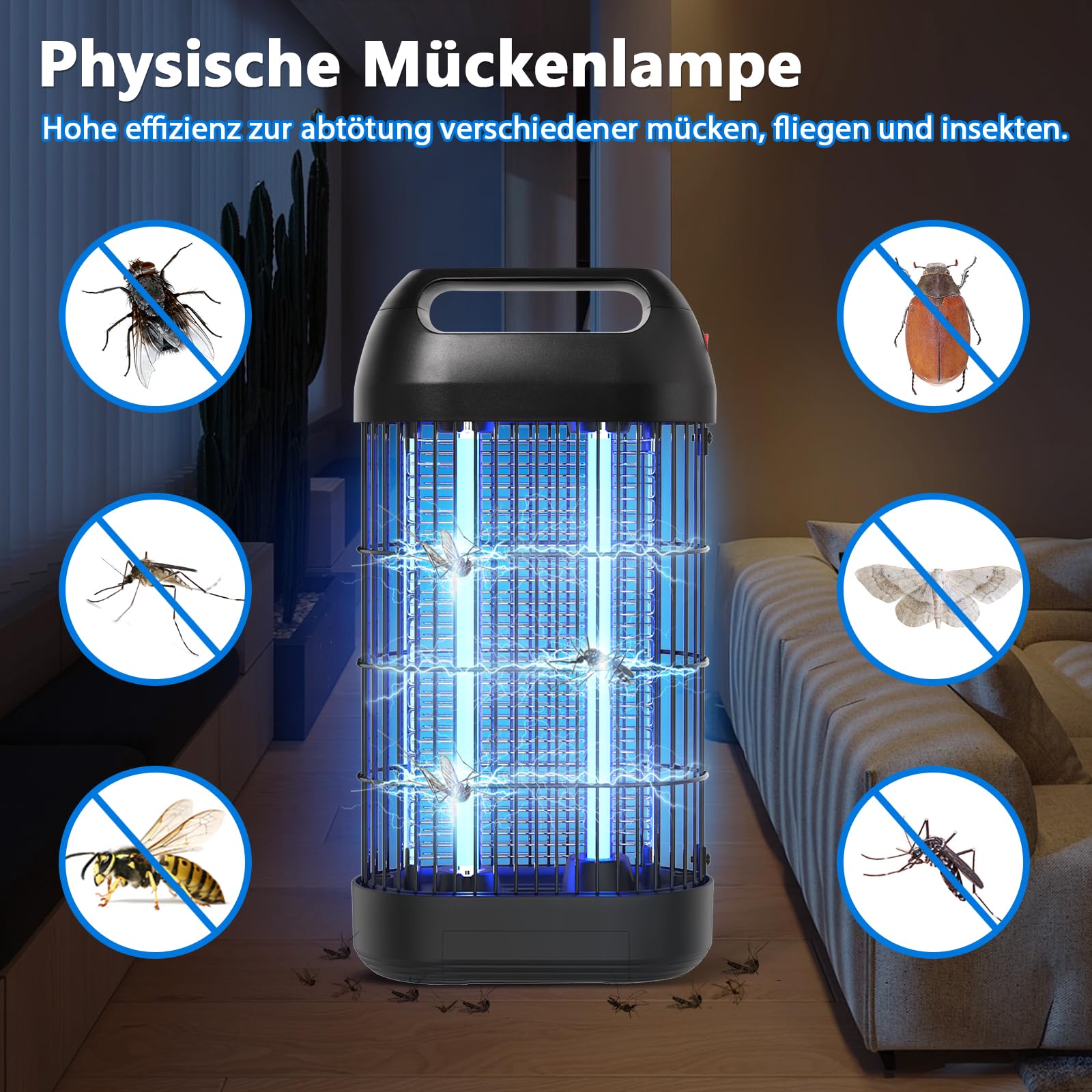 Insektenvernichter Elektrisch 18W Mückenlampe 2000V Doppelelektrogitter 365nm UV-Licht Fliegenfalle LED