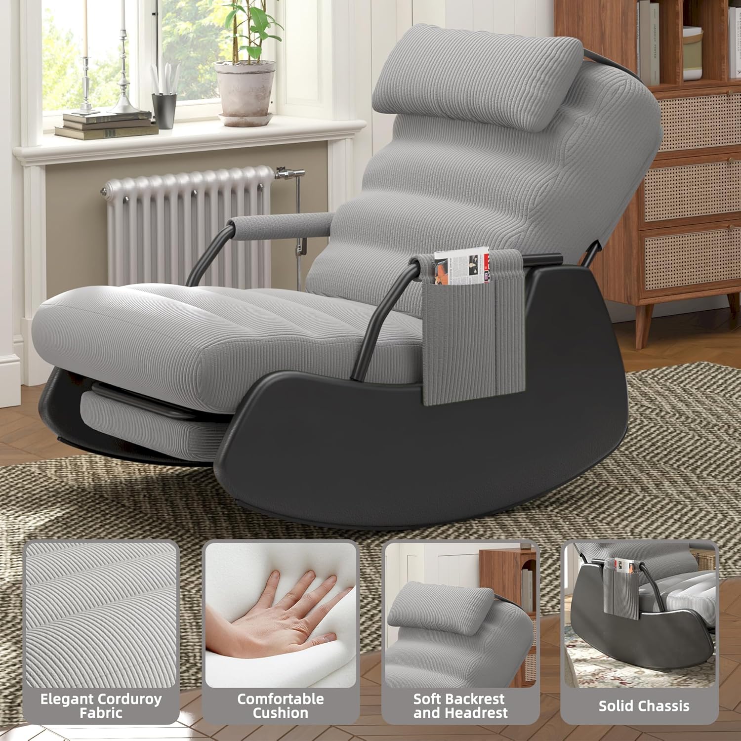 Polar Aurora Nursery Rocking Chairs with Soft Seat and Headrest,Corduroy Fabric Accent Chair with Side Pocket,Glider Rocking Chair for Bedroom/Living Room/Nursery(Dark Grey/Black) image 3 of 7 B0DWX9Y6K4