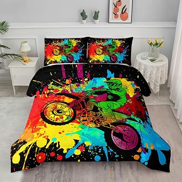 Axolotl Motocross Bedding Set Twin,Dirt Bike Comforter Set,Extreme Sports Bedding,Motorcycle Racer Comforter Set Motocross Comforter Motor Vehicles Biker for Boys Kids Teens Men,1 Quilt 2 Pillowcases