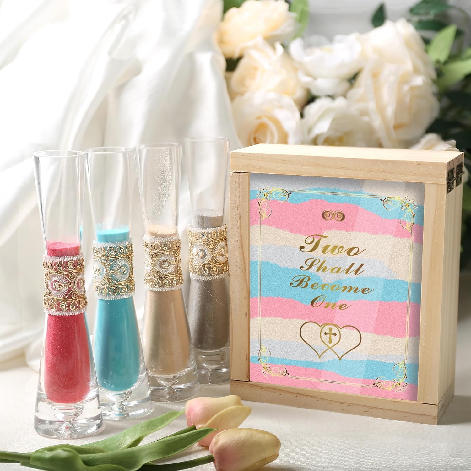 Unity Sand for Wedding Ceremony Set - LIKEYO 9 PCS Unity Ceremony Kit with A Wood Box & Four Vases & Four Colored Sands, Outdoor Wedding Decoration Ideas, Marriage Party Gift Set for Bride Bridegroom