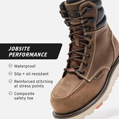 BRUNT Marin Welted (Comp Toe) - 8 Waterproof Safety Toe Wedge Work Boot - Goodyear Welt Construction - EH & ESR Rated - Oil & Slip Resistant - Adjustable Width System