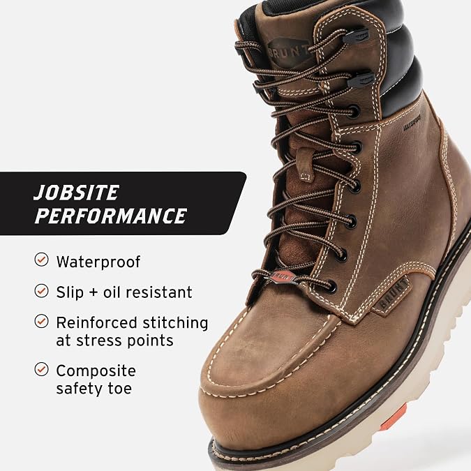 BRUNT Marin Welted (Comp Toe) - 8 Waterproof Safety Toe Wedge Work Boot - Goodyear Welt Construction - EH & ESR Rated - Oil & Slip Resistant - Adjustable Width System