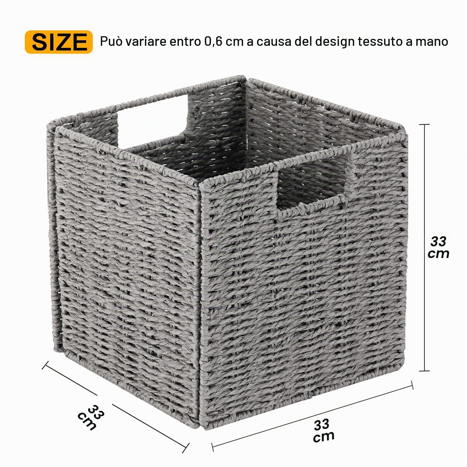 Vagusicc Set di 2 cestini portaoggetti in vimini, intrecciati a mano con manici, organizer cubici pieghevoli, grandi 33 cm, per mensole, dispensa, decorazione per camera da letto, grigio (33 x 33 x 33