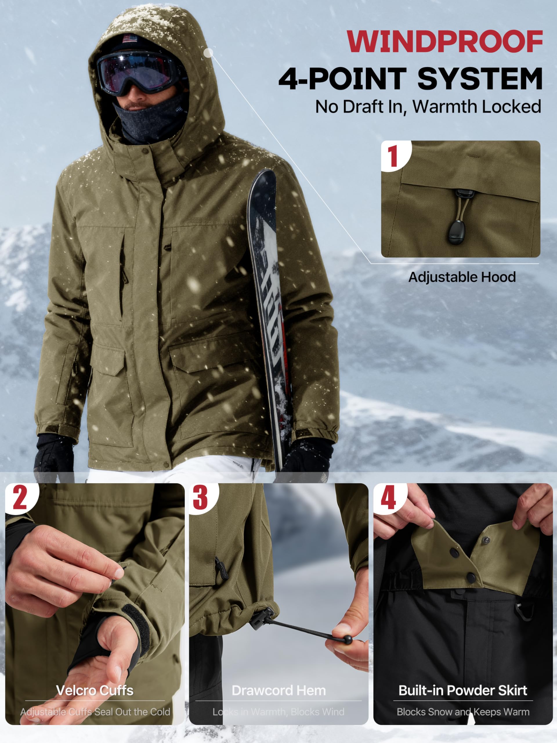 FREE SOLDIER Chaqueta de esquí impermeable para hombre, forro polar, abrigo de nieve cálido con capucha y costuras totalmente selladas