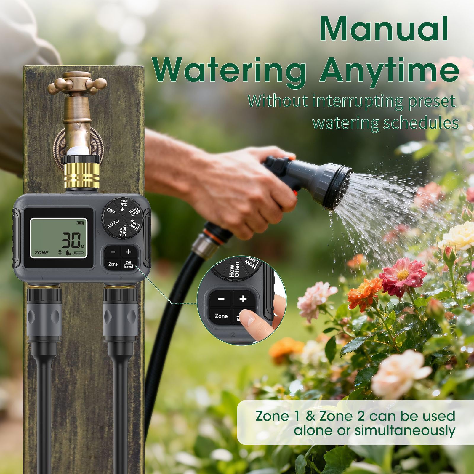 Válvulas de riego para exteriores, control de doble zona, BSP3/4 pulgadas, ajuste de latón, tasa IP55, resistente a la intemperie, monitor LCD, roscado, válvulas de agua de alta presión
