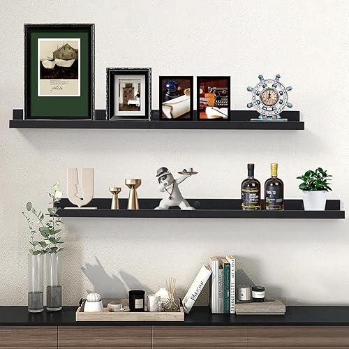 Miniatura 5 de Estantes flotantes negros de 36 pulgadas para marco de fotos moderno para pared, estantes de repisa para cuadros con borde, estantes de madera