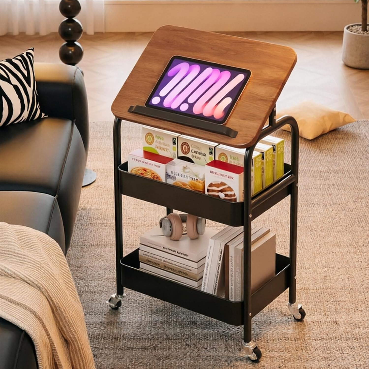LIYAOLI Rolling Desk with Wheels, 3 Tier Rolling Cart with Tablet Stand, Mobile Bedside Desk & Storage Organizer for Small Spaces, Bedroom, Dorm, Home Office (Black)