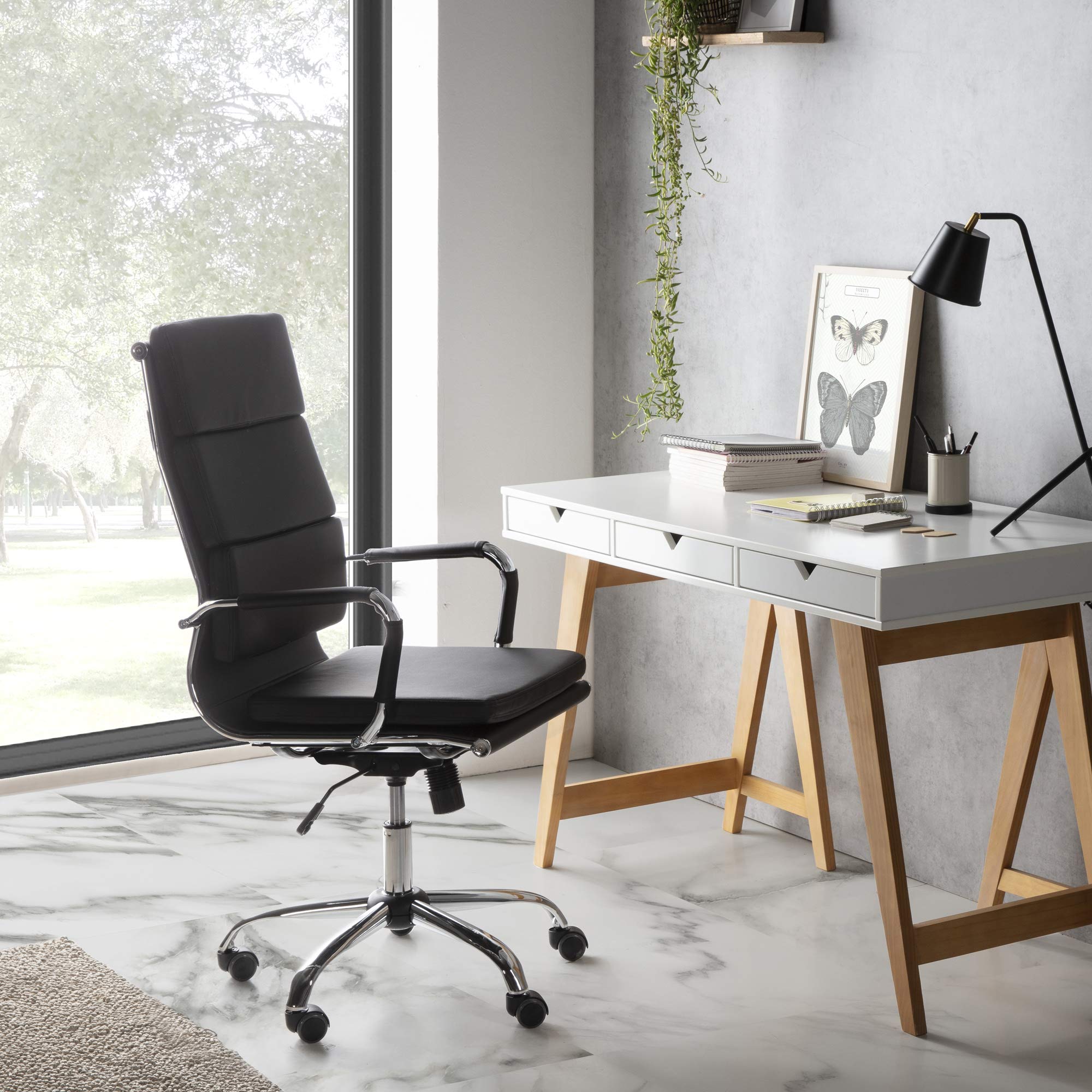 VS Venta-stock Sillón de Oficina Morgan reclinable Negro, Piel sintética, Silla ejecutiva con reposacabezas y conjín engrosados, Altura Ajustable, Diseño ergonómico