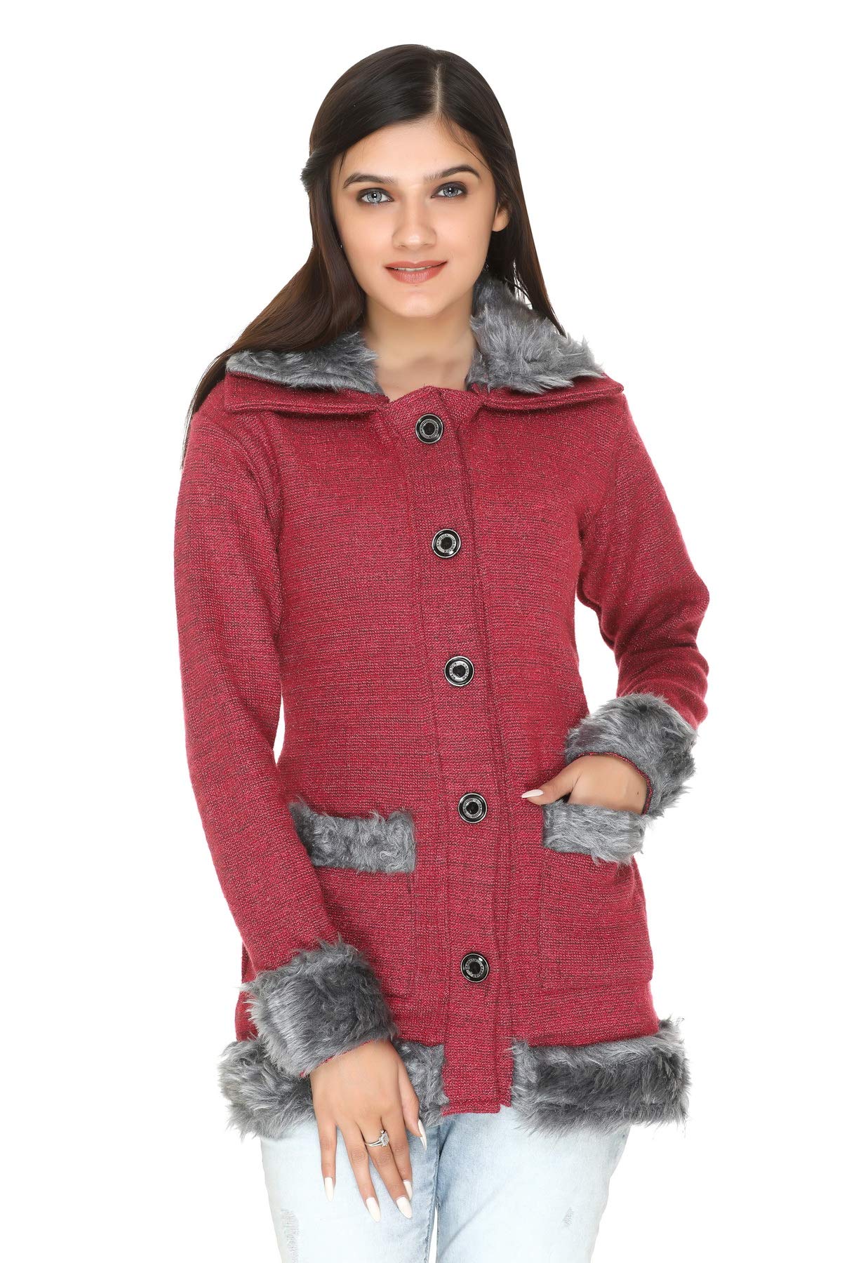 wool 4u Women Winter WEAR Full Sleeve Woolen Hair Fur Long Cardigan for Women Girls-picture-16